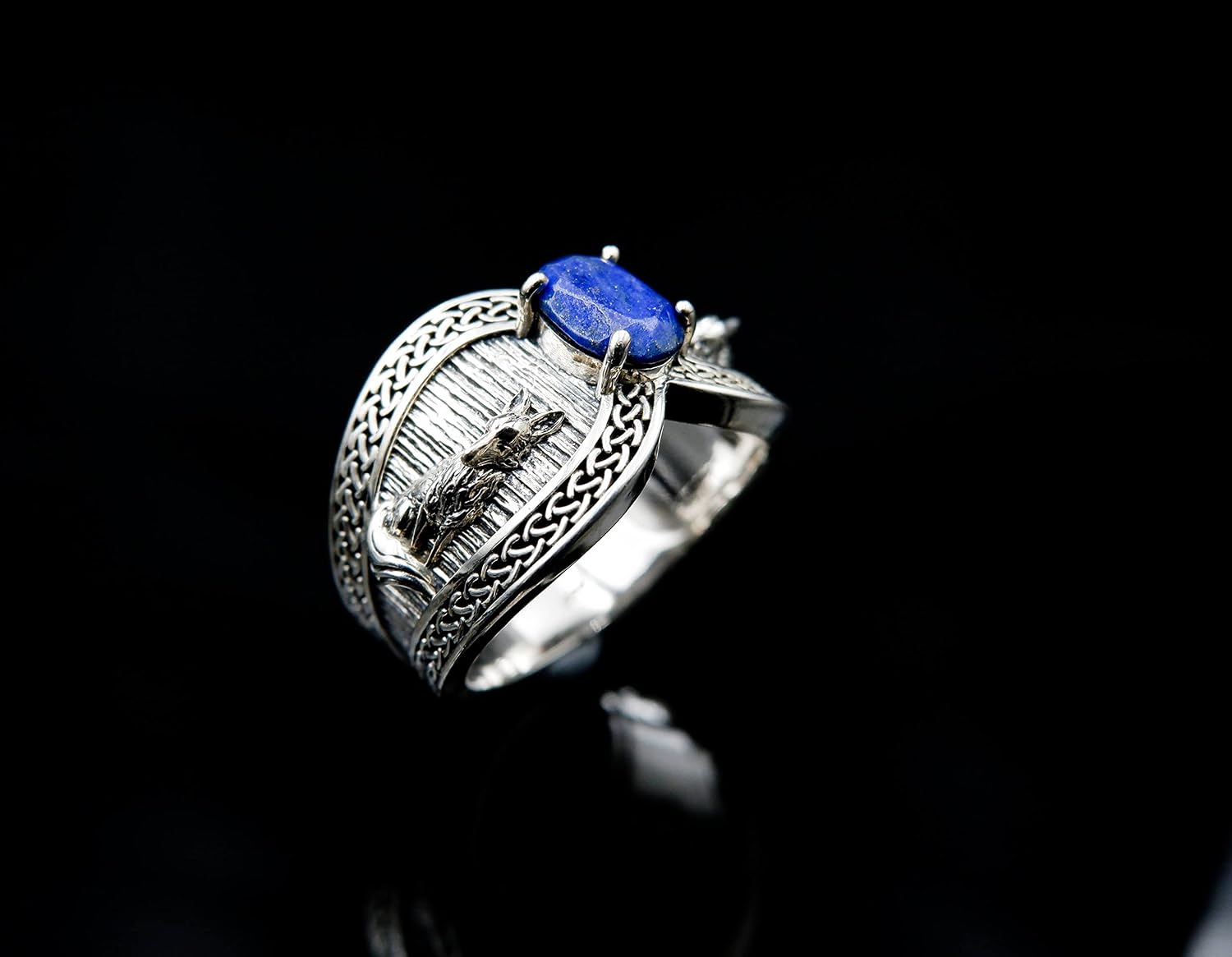 925 Sterling Silver Lapis Fox Ring Mens Animal Punk Gothic Jewelry