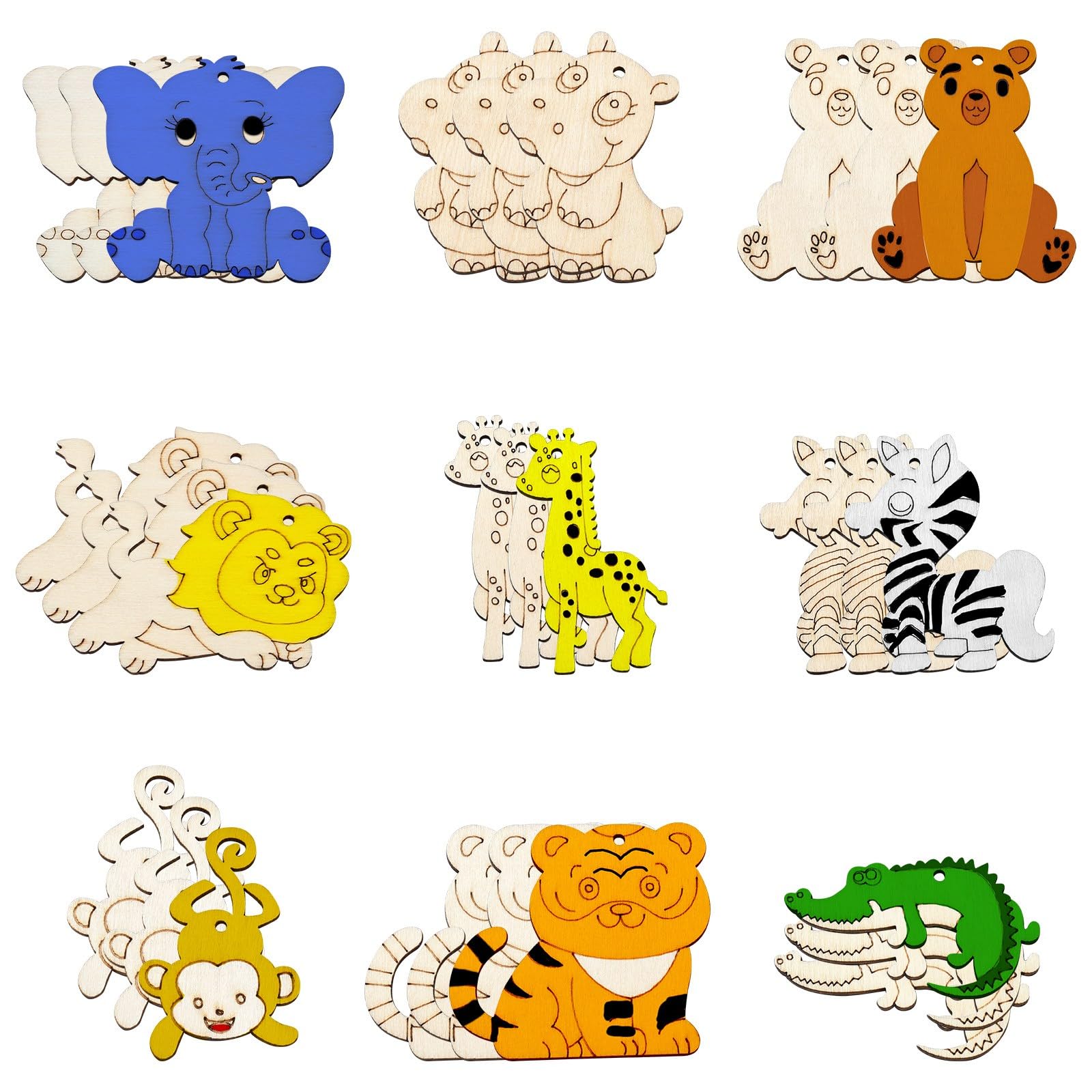 Stiesy 45 Pcs Animals Unfinished Wood Cutouts Tiger Lion Monkey Elephant Zebra Kangaroo Crocodiles Bear Hippo Shape Wooden Paint Crafts Pendants for Home Decoration Ornament