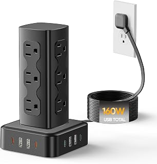 160W Charging Station, Acozvin Power Strip Tower with 12 AC Outlets 8 USB