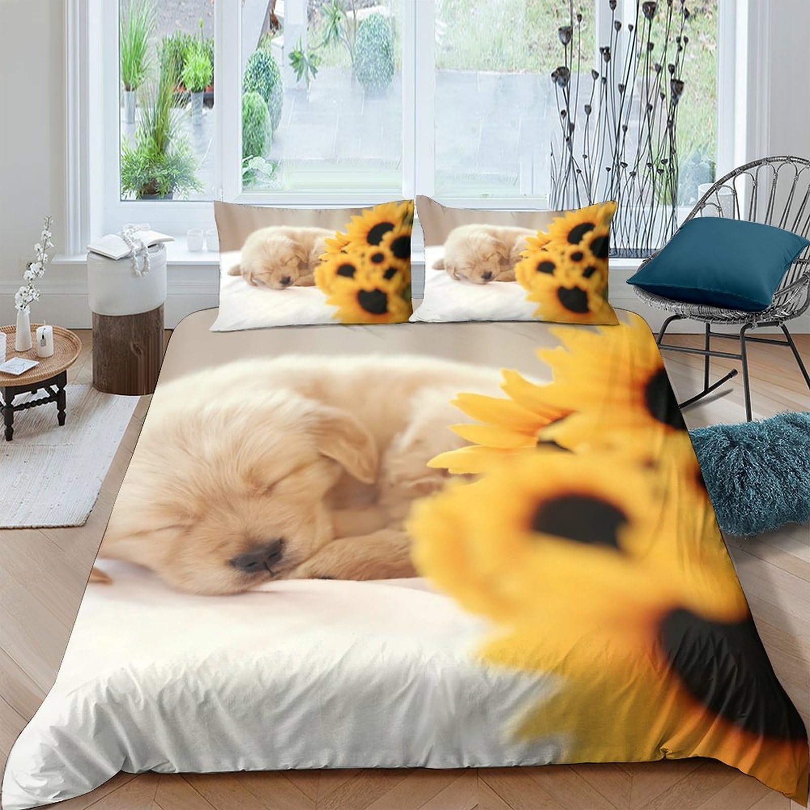 Ctjqhvkz Style-2 3D Printed Sleeping Puppy Fitted Sheet Microfiber Soft Sunflower Bed Cover For Bedroom Dorm Mattress Protector Decor Single（135X200cm）