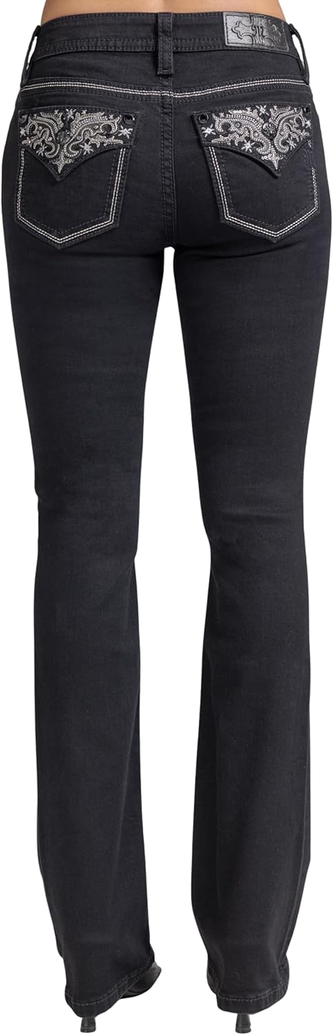 Miss Me Women's Western Stars Filigree Embellished Faux Flap Pockets Mid-Rise Bootcut Jeans