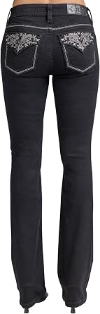 Miss Me Womens Western Stars Filigree Embellished Faux Flap Pockets Mid-Rise Bootcut Jeans
