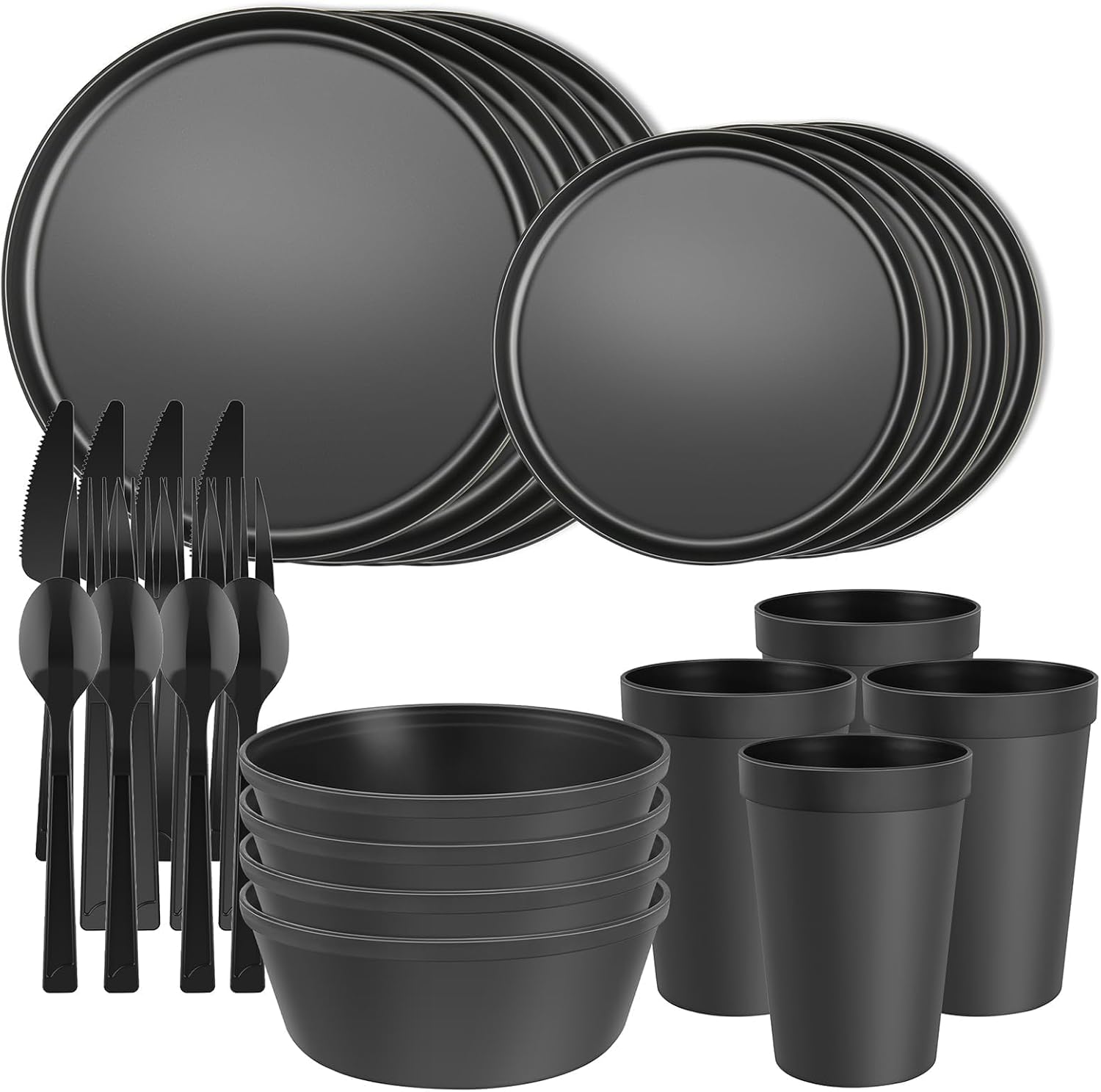 28 Piece Apartment Essentials Dinnerware Set, Stackable Space-Saving Plates & Large Flat Bowls (Pasta/Salad), Modern Matte Unbreakable Plastic Dishes, Microwave Safe, Black