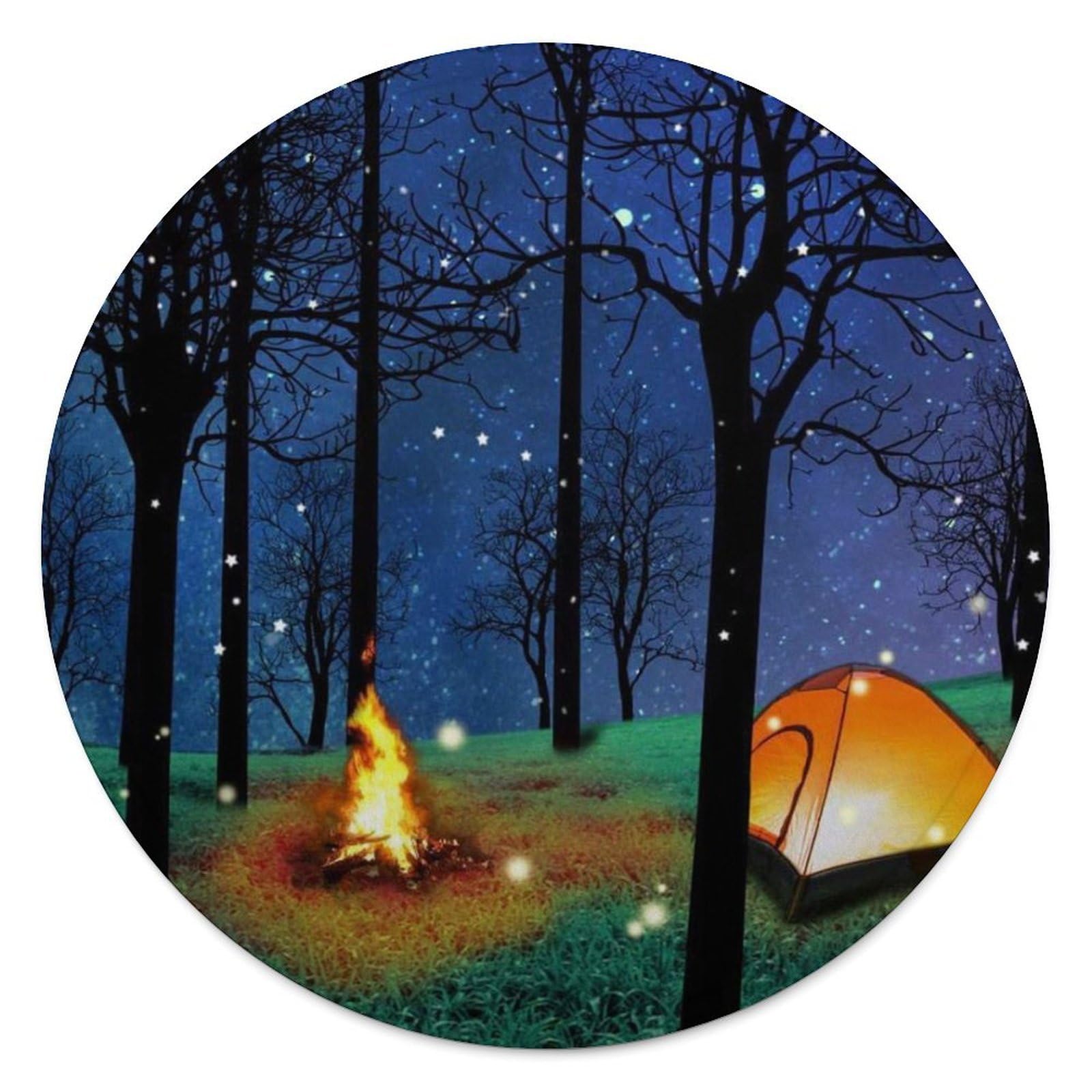 FekiLoot Forest Camping Round Flannel Throw Blanket, 59.1 Inch Diameter Single Sided Printed Fleece Blanket, Multipurpose Foldable Decor Cover for Couch Office Camping Home Furnishing