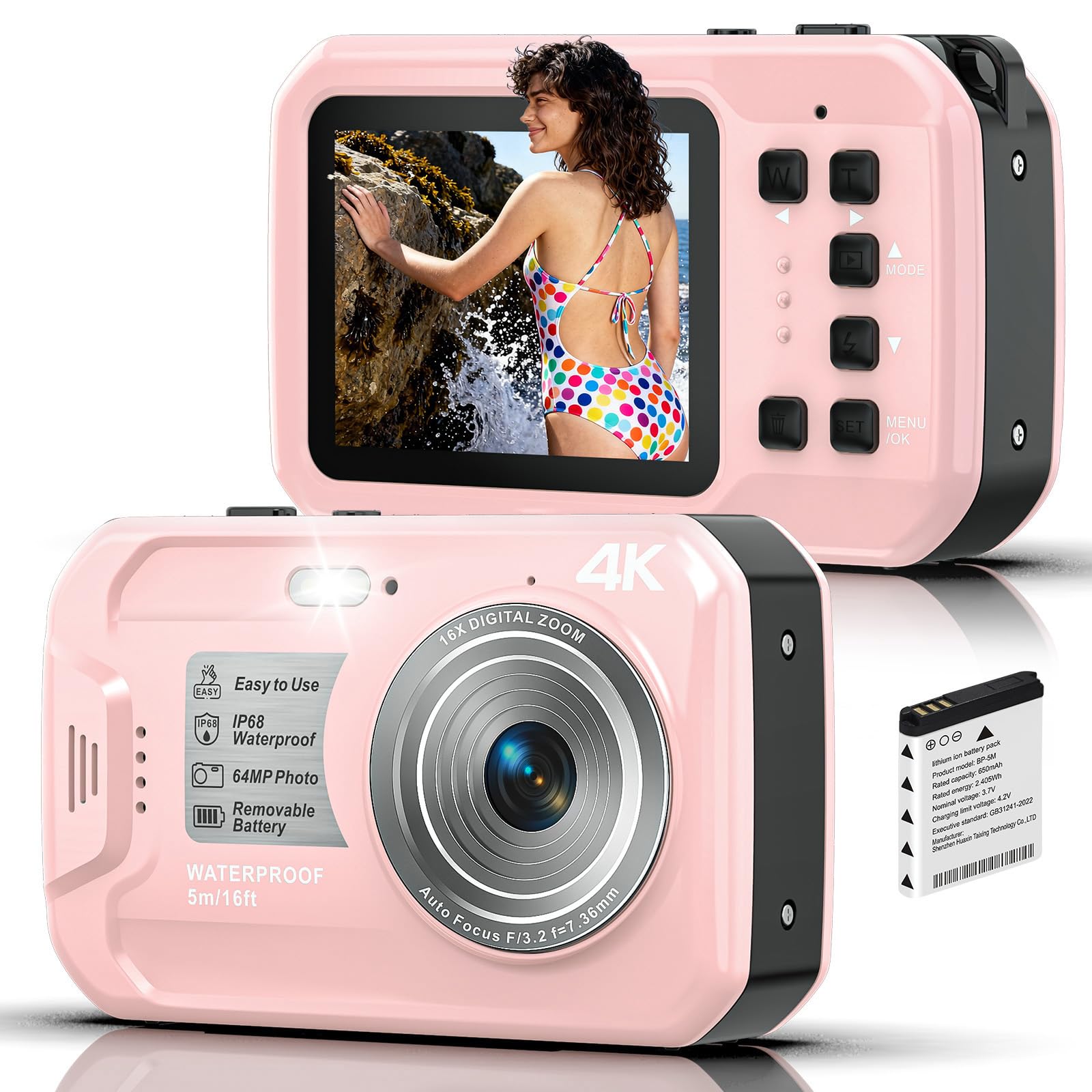 64MP 4K Waterproof Snorkeling Camera, IP68 16FT Floating Digital Camera Autofocus IPS Display 16X Zoom with 32GB Memory Card