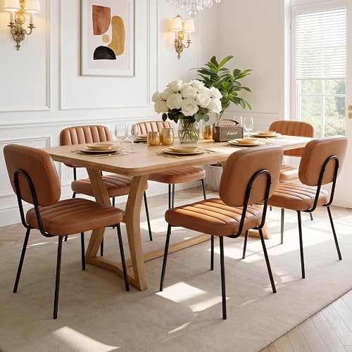 OLIXIS Dining Chairs Set of 6, Mid Century Modern Kitchen Chairs | Faux Leather Cushion Seat, Metal Legs Backrest, Living Room Home Office Bedroom, Brown