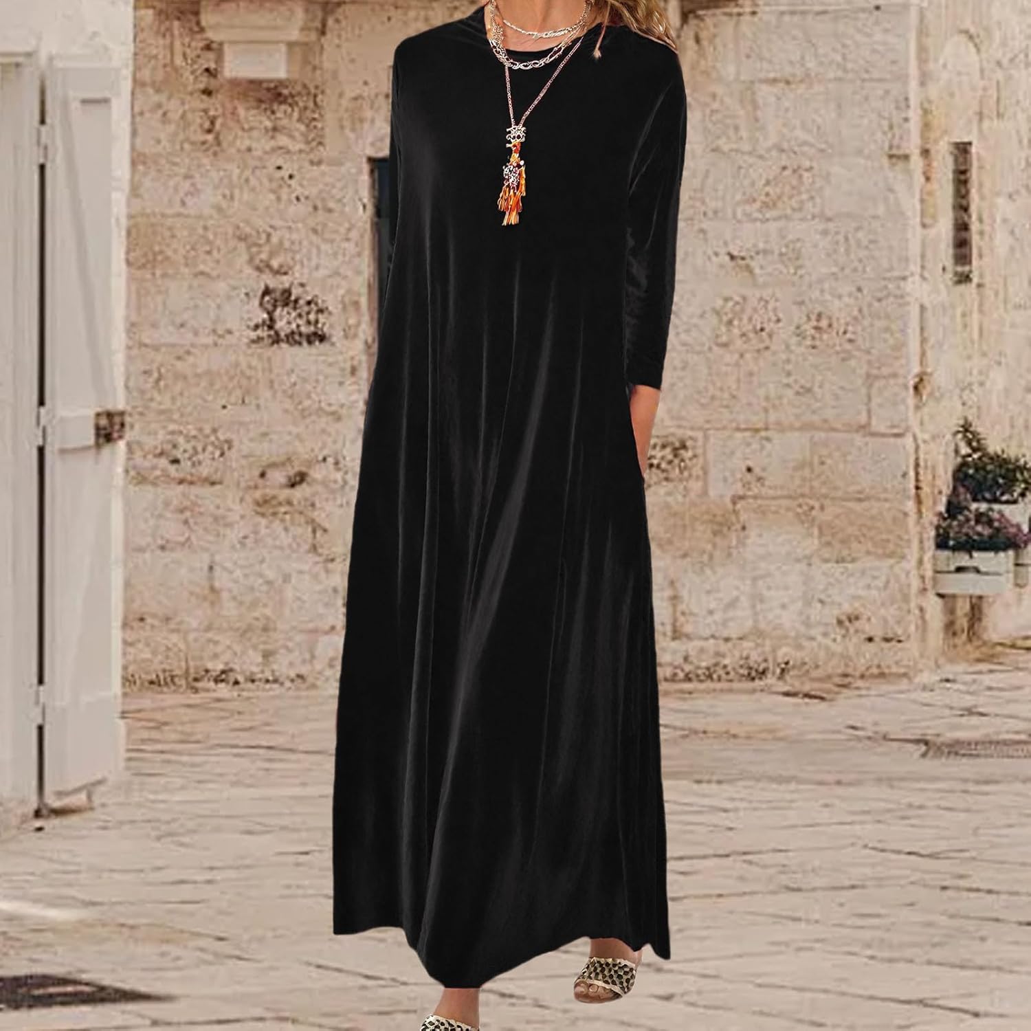 Velvet Dress for Women Crew Neck Long Sleeve Dresses Vintage Flannel Cocktail Dress Elegant Spring Fall Maxi Dresses - Image 2