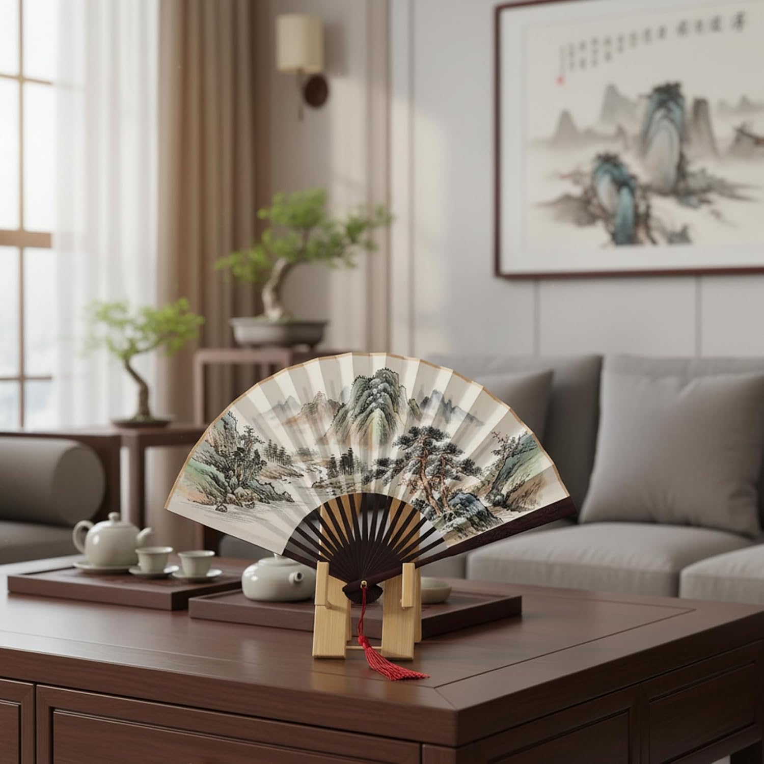 Fan Holder Chinese Decor Bamboo Stand Wall Mount Display Stand for Folding Fans, Handmade Wooden Artifact, Home & Office Decoration (5.7 Inch) image 4