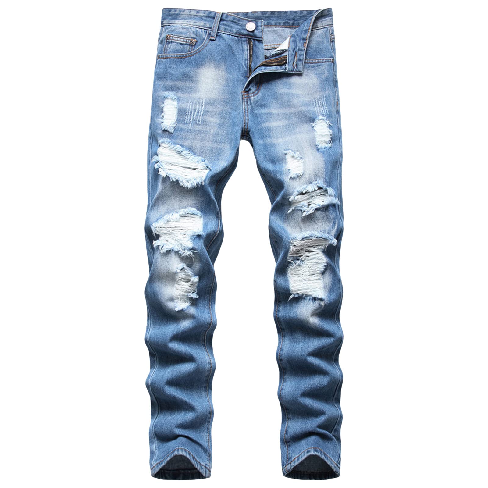 Men Ripped Slim Fit Jeans Destroyed Distressed Straight Denim Pants Vintage Mid Waist Washed Biker Jean Trousers (Light Blue,38)