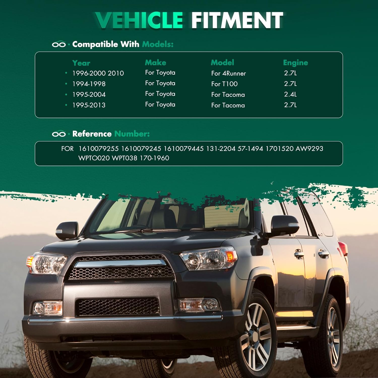 SCITOO 1610079255 1610079245 Engine Water Pump Fits for 1996-2000 2010 for Toyota 4Runner 2.7L 1994-1998 for Toyota T100 2.7L 1995-2004 for Toyota Tacoma 2.4L 1995-2013 for Toyota Tacoma 2.7L