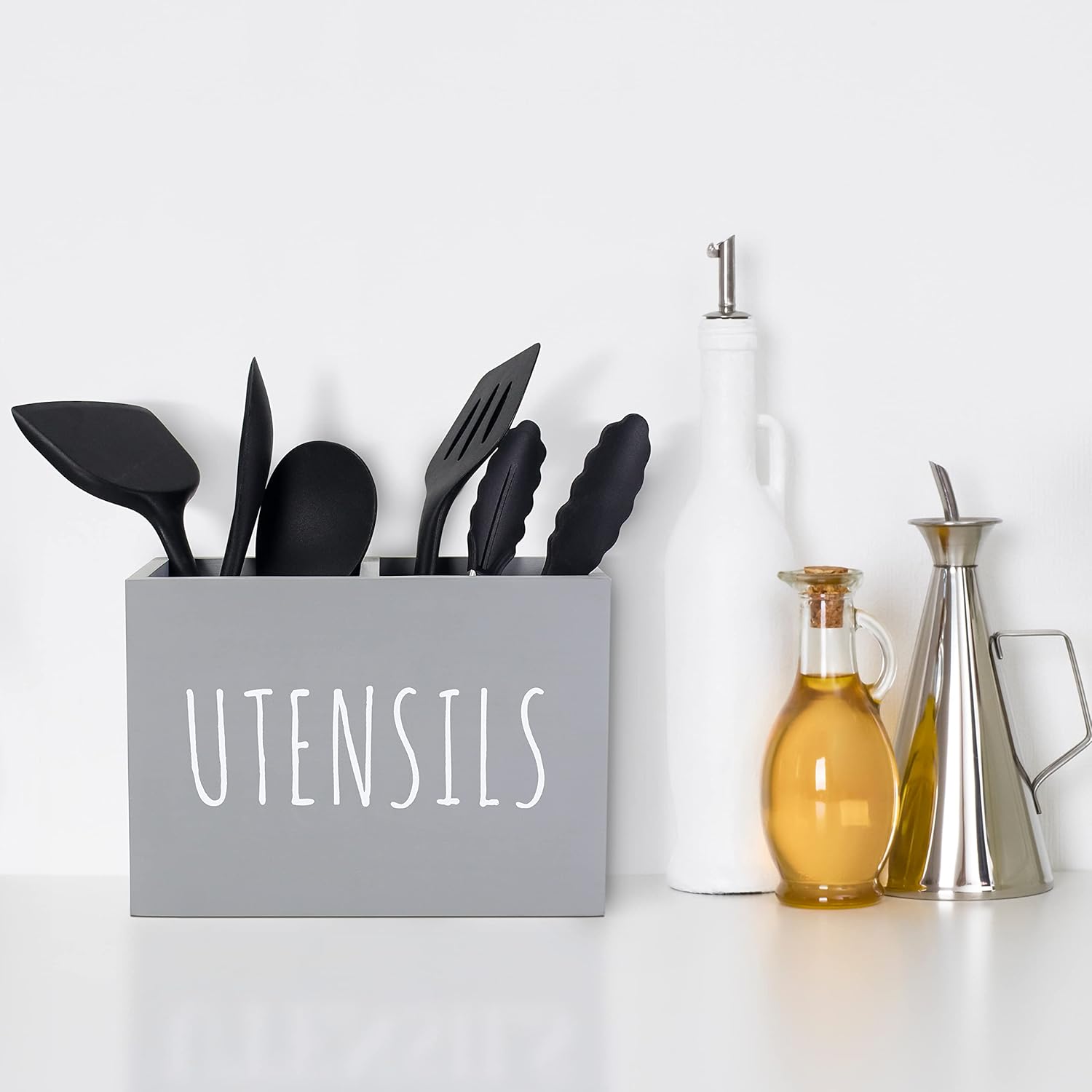 Karisky Kitchen Utensil Holder with Removable Bottom Large 2 Compartments Utensil Organizer Farmhouse Utensil Caddy for Countertop Decor, 9 x 7 x 5 Inch, Gray : Everything Else