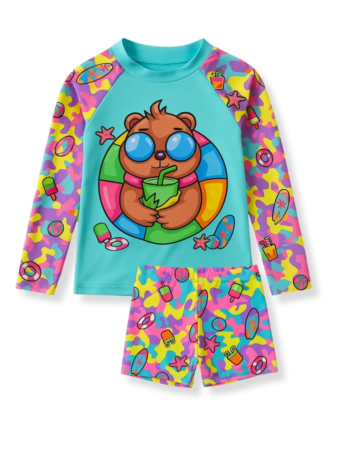 Conjunto Praia Infantil Menina biquini Camiseta Manga Longa Uv 50+ Com Shorts