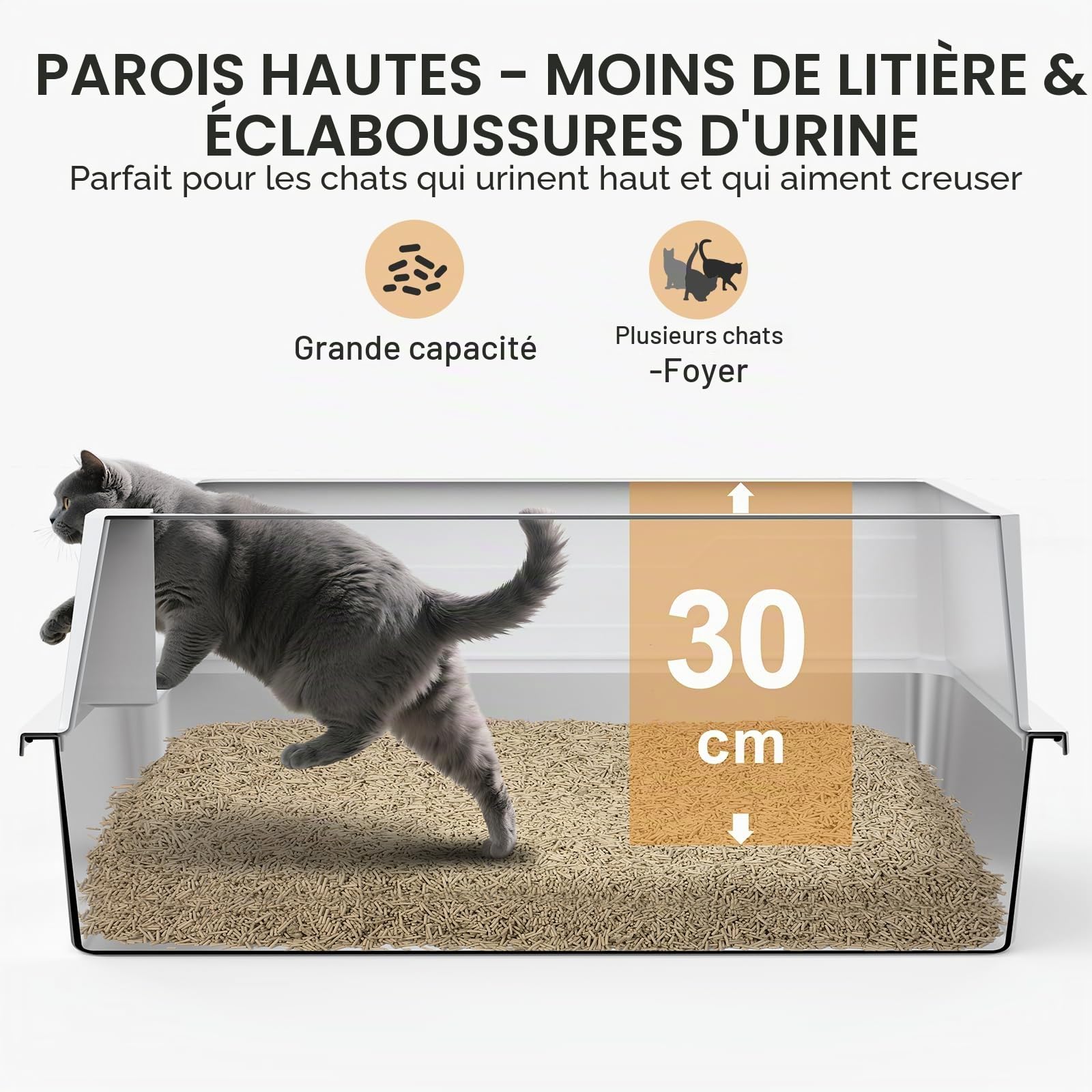 MIXJOY Bac à litière pour chat XXXL en acier inoxydable - Extra large - 71 x 51 x 30 cm - Convient pour les grandes races de chats et les foyers à cathédrales multiples - Modèle grand format à bords