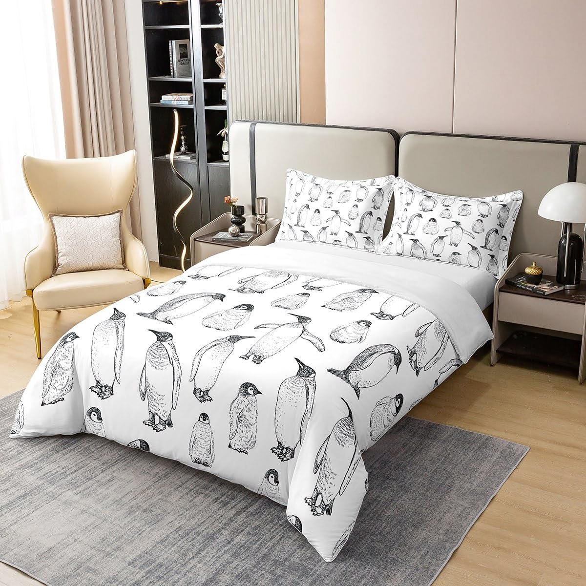100% Gewaschene Baumwolle Pinguin Bettwäsche Set 135x200,Antarktis Tier Bettbezug für Kinder Jungen Mädchen Kinder,Winter Thema Tröster Abdeckung Pinguin Skizze Quilt Cover Dekorativ,Grau Weiß