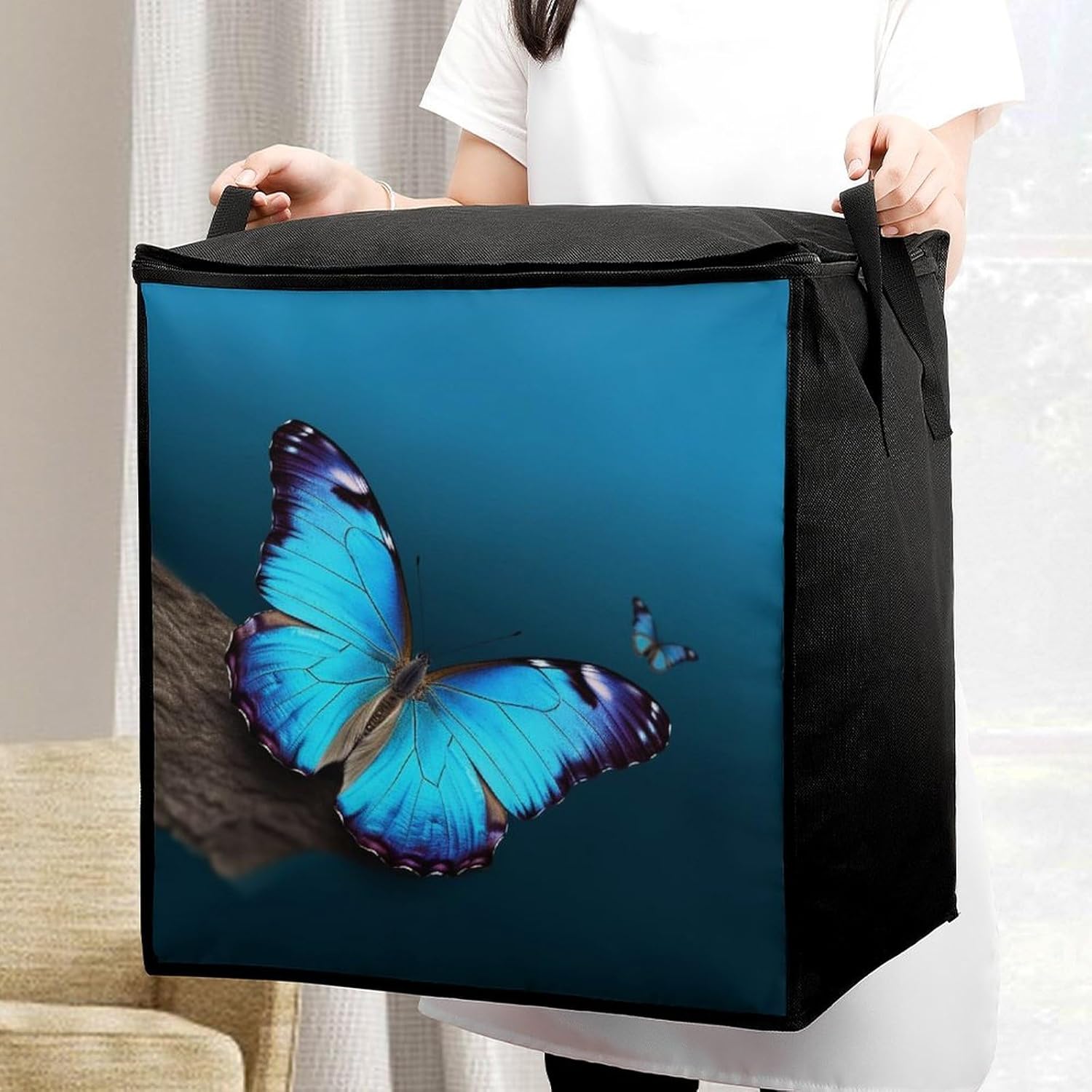 Portable Quilt Storage Bag,Beautiful Blue Butterfly Printed Foldable Wardrobe Storage Box Foldable Storage Bag with Lids And Handle Large Clothing Storage Bag for Comforters Clothes Blankets Pillows