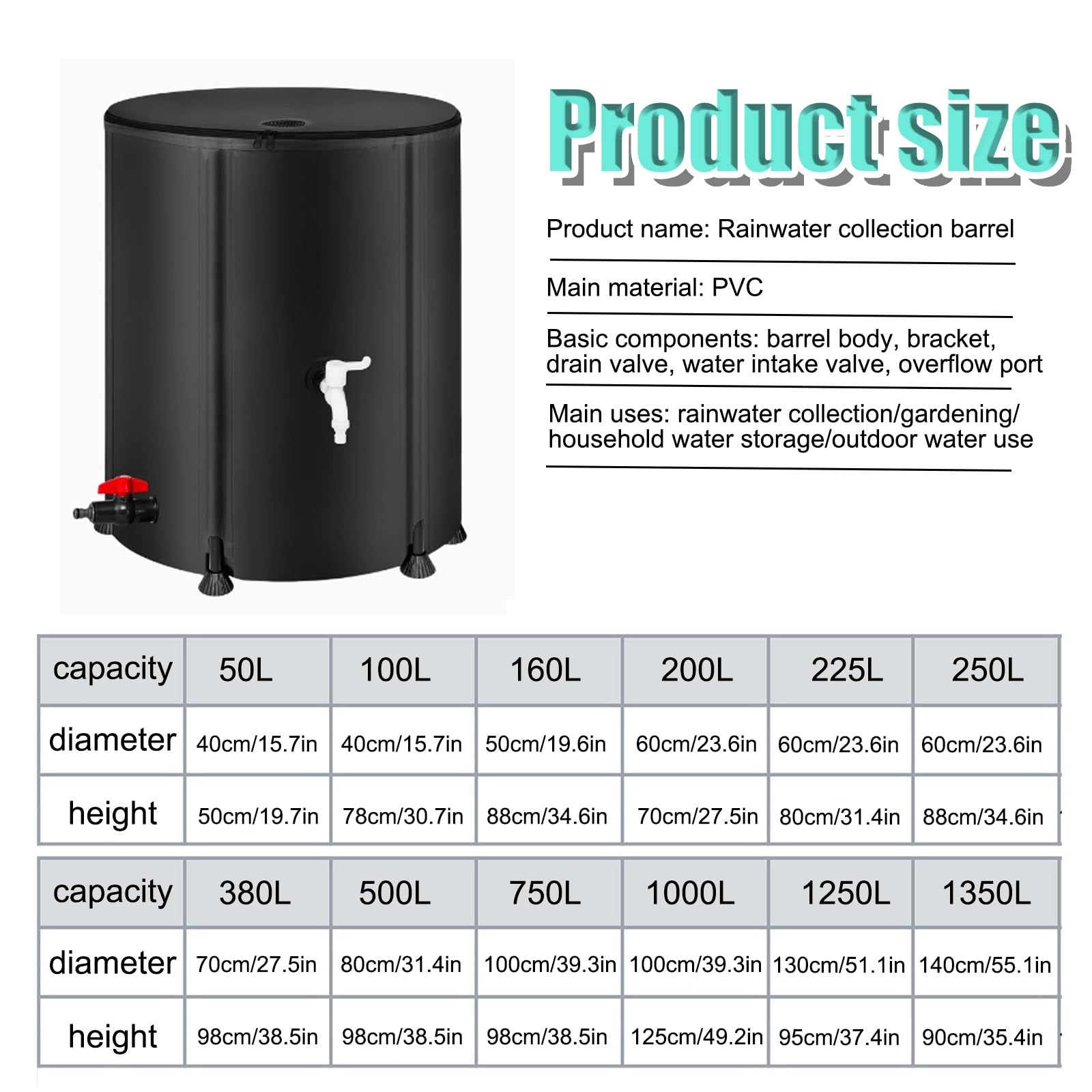 Sistema portátil de recolección de Agua de Lluvia de 1000 l. Barril Plegable para Almacenamiento de Agua para riego de Jardines. Solución para recolección de Agua de Lluvia.