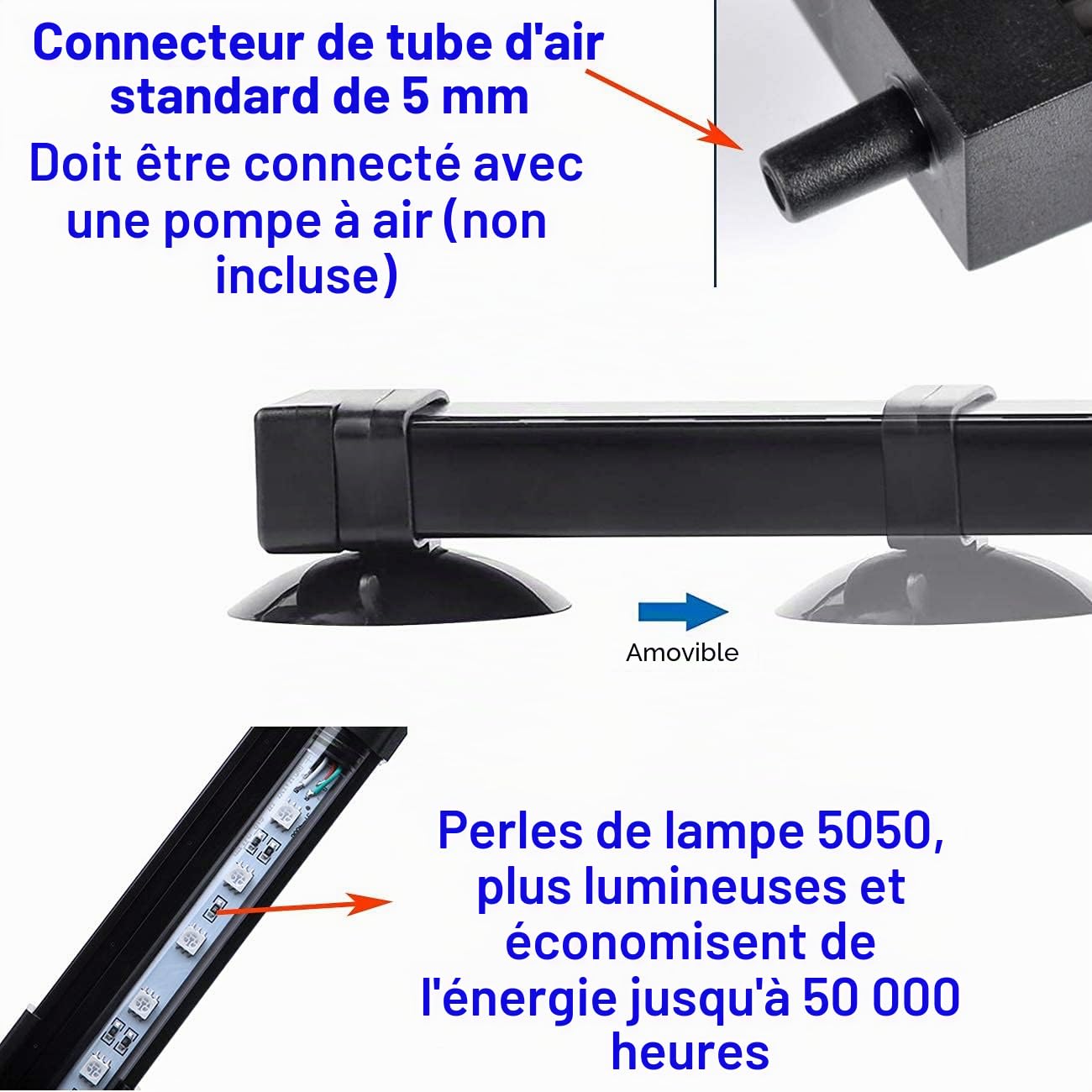 Tube LED RVB à bulles d'air pour aquarium, 16 couleurs, 4 modes, télécommande IP68 submersible (18 cm)