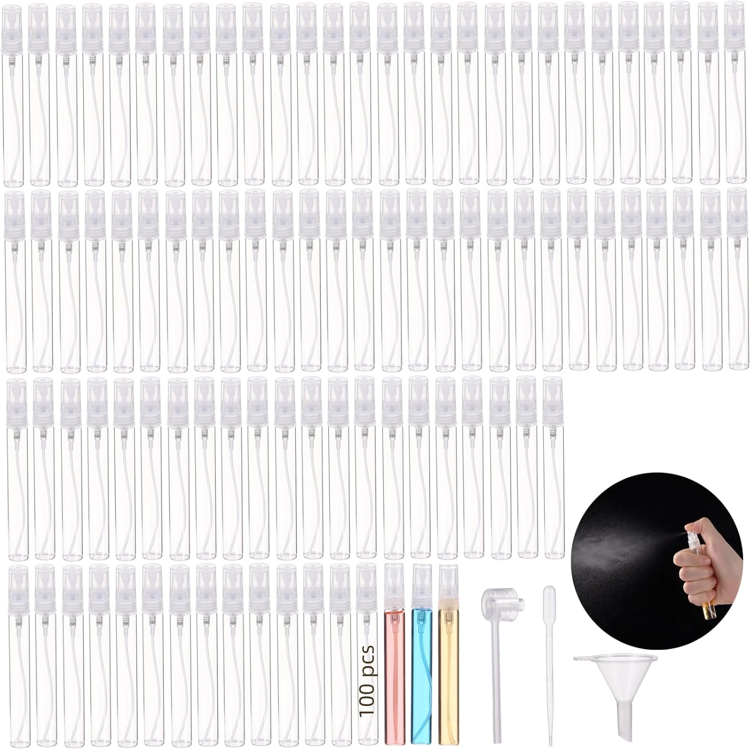 100 PCS 10ml Spray Bottles, Mini Clear Glass Perfume Bottles with Dropper, Funnel, Transfer Tool, Portable Refillable Spray Containers, Fine Mist Spray Empty Essential Oil Bottles for Home Travel