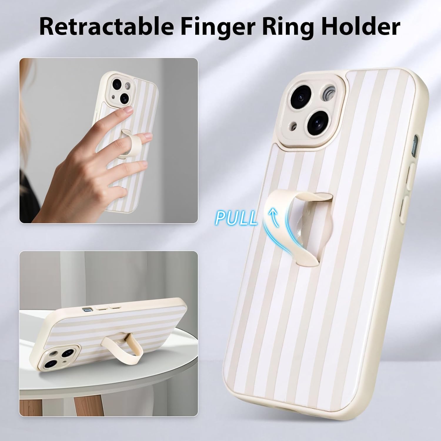 KANGHAR Compatible with iPhone 14 Case, Silicone Stripes Cute Pattern, Wristband Kickstand Camera Protection Soft Slim Cover for Girls Women -White - Image 6