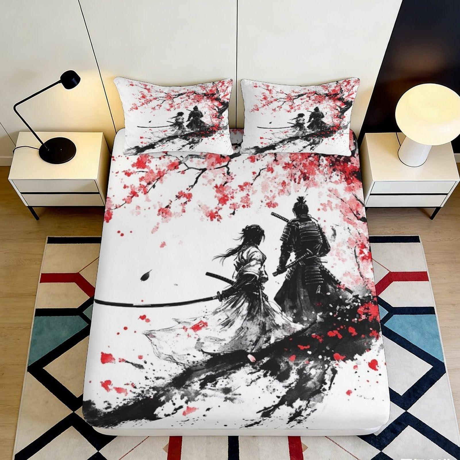 Pnayamiorkfel Style-8 3D Printed Samurai Cherry Blossom Fitted Sheet Microfiber Soft Bed Cover For Bedroom Guest Room Decor Easy Care 90X200x25cm