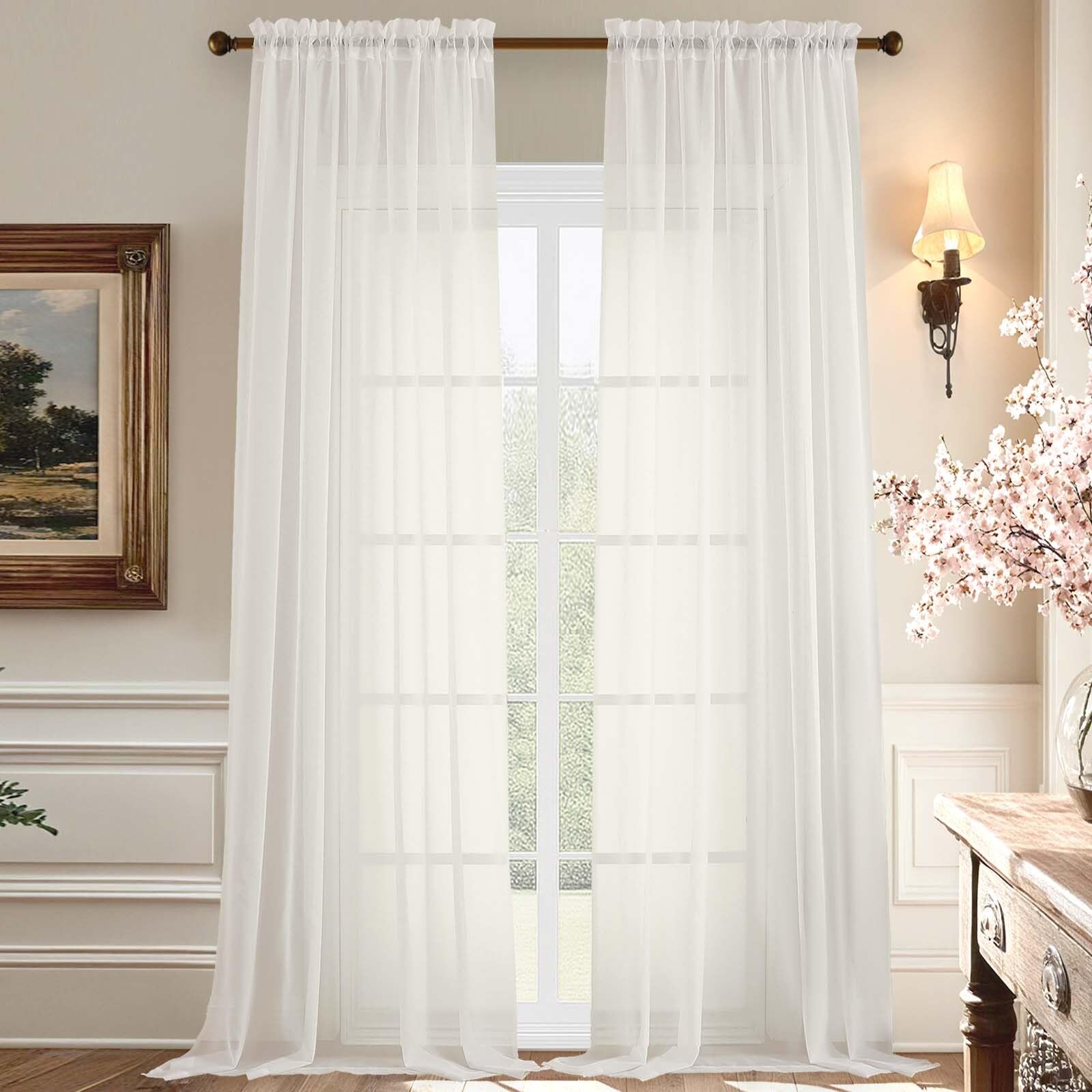 Aiyufeng 108 Inch Ivory Sheer Window Curtains for Farmhouse, Rod Pocket Voile Window Treatment Vertical Panels for Study Room/Bedroom/Living Room, Ivory, W59 x L108, 2 Panels โ image 1