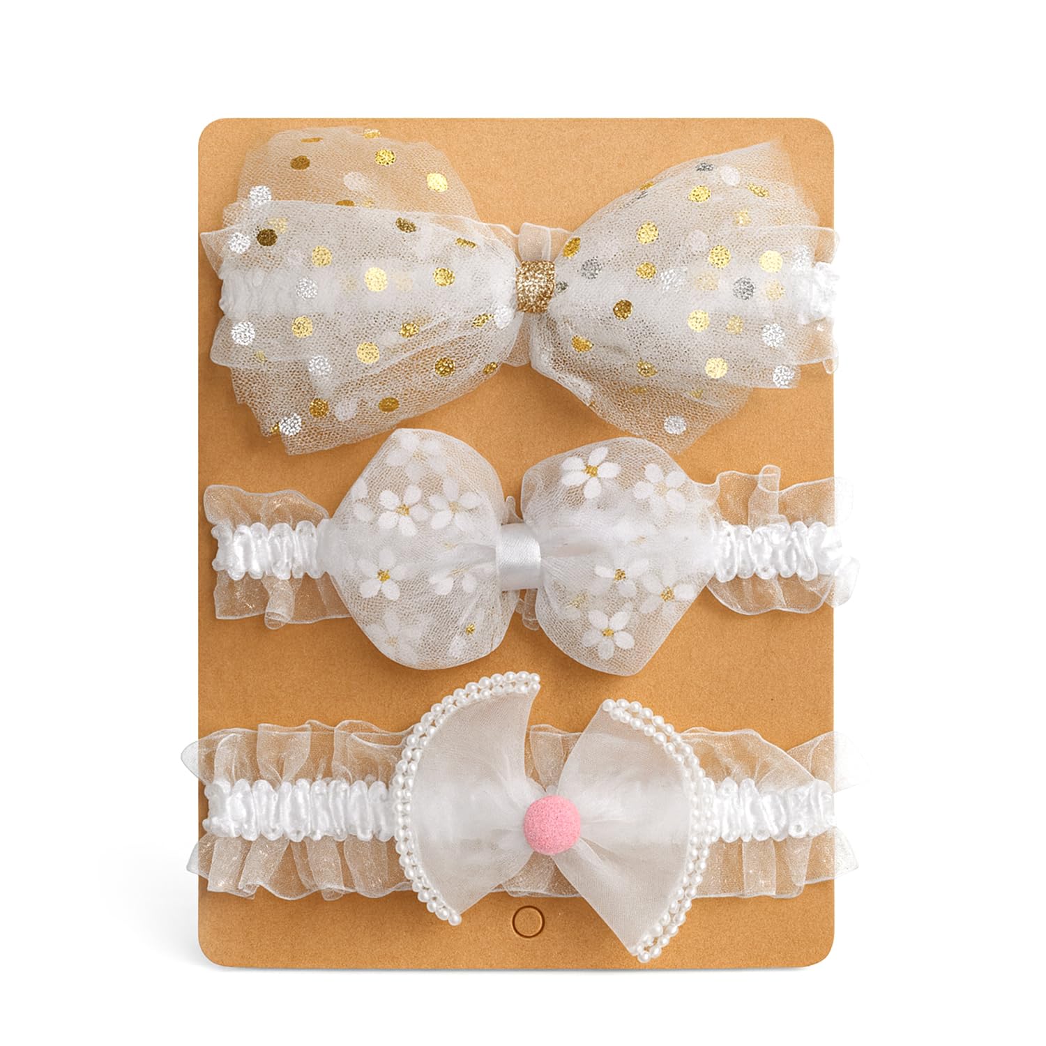 SYGA 3 Pcs Baby Headband Set – Golden Confetti Bow, Daisy Delight & Pearl Blossom Designs – Soft, Stretchy Elastic, Infant & Toddler Headbands, Perfect for Newborns, Photoshoots & Gifts (Off-White)-image-28