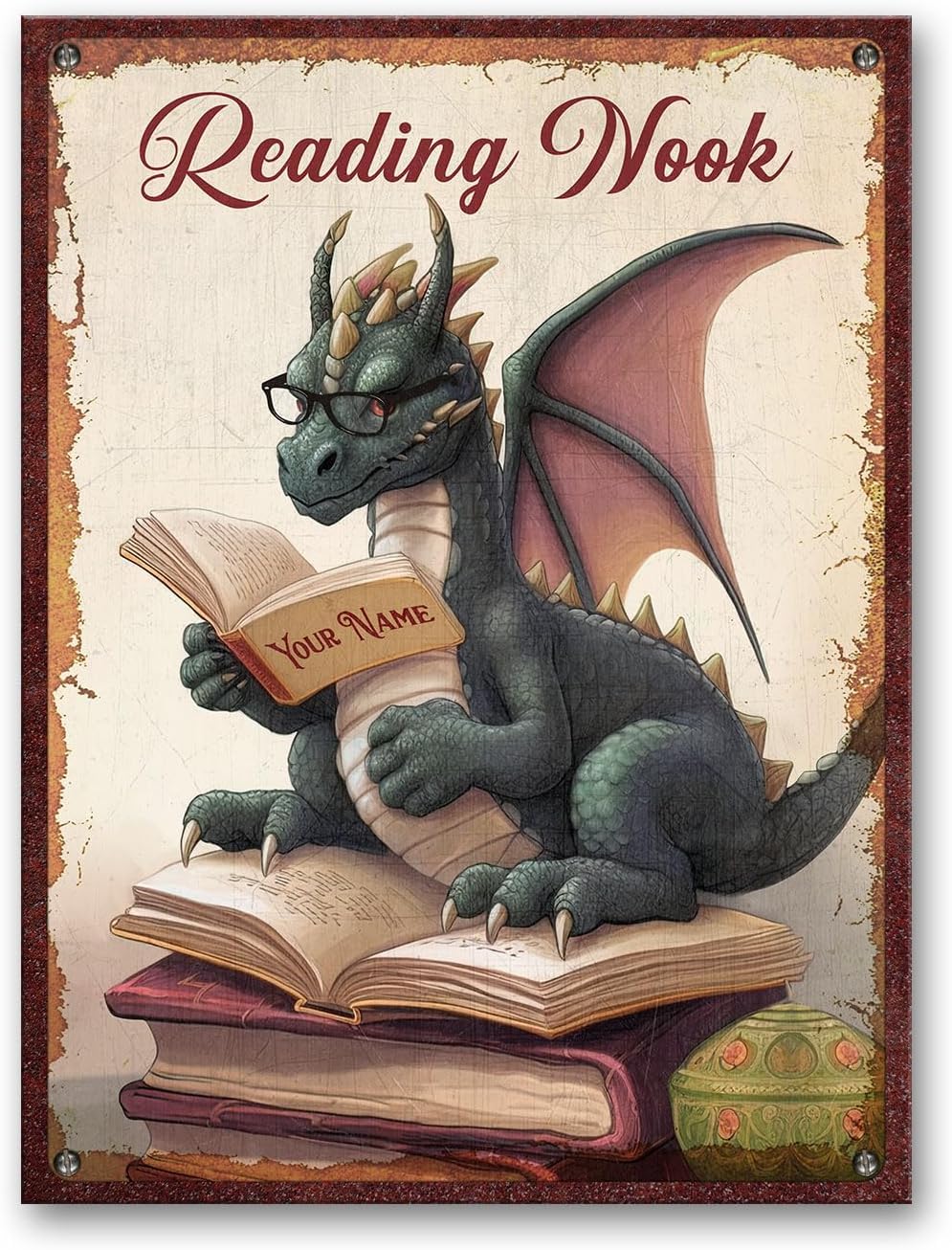 Kisoyo Dragon Reading Book Vintage Tin Metal Sign, Reading Room Corner Library Book Store Club Nook She Shed Wall Decoration, Gifts For Her Book Lovers Readers Writers Bookworm Librarian 8X12 Inch