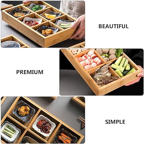 Miniatura 7 de Cabilock Bandeja de bambú dividida con 6 rejillas de comedor, plato para servir alimentos, caja de frutas, platos, recipientes para verduras,