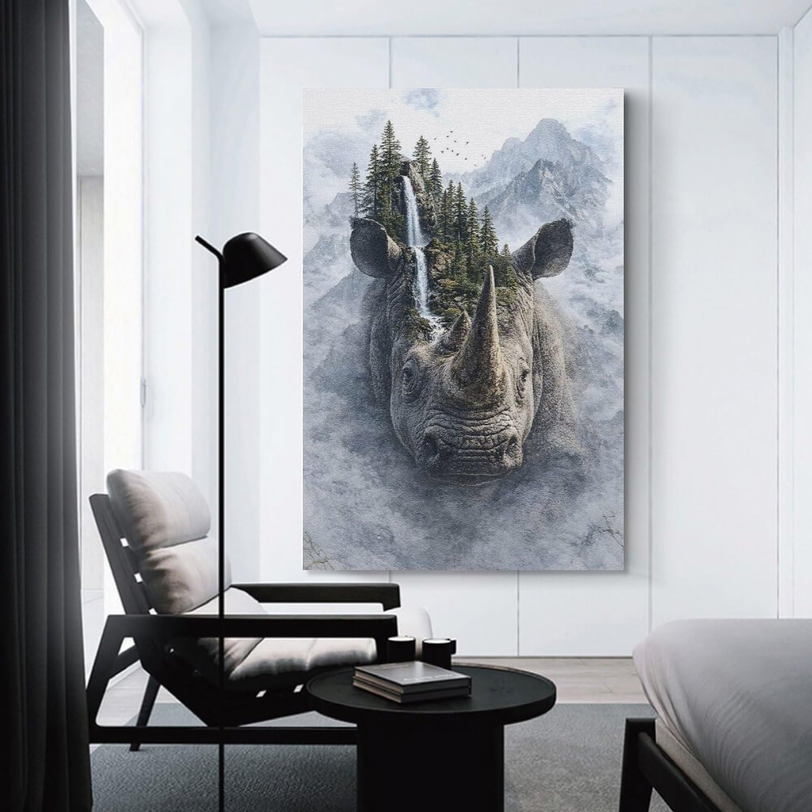Junmoney Wall Art Print Rhinoceros Landscape Fusion, 24x36inch(60x90cm), for Home Lounge, Bedroom Or Reading Nook, Canvas Styling for A Polished Room Look