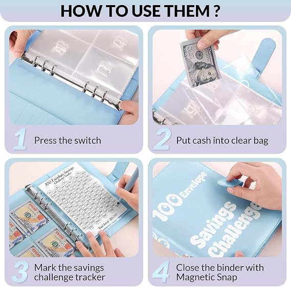 100 Envelopes Money Saving Challenge Binder, A5 Savings Binder with Cash Envelopes, Budget Binder for Planning and Saving $5050, Blue