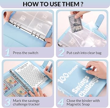 100 Envelopes Money Saving Challenge Binder, A5 Savings Binder with Cash Envelopes, Budget Binder for Planning and Saving $5050, Blue