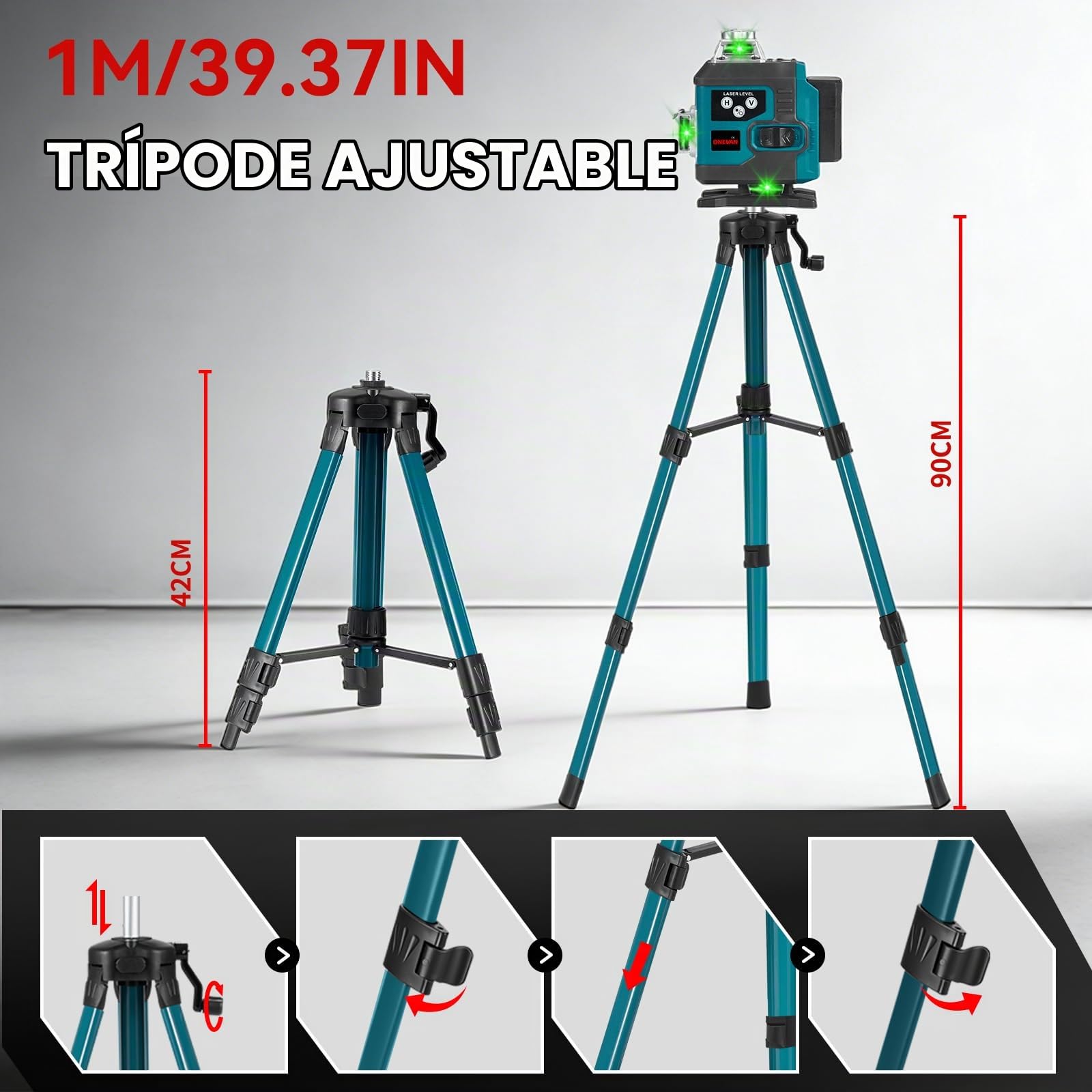 ONEVAN Nivel Láser 4D de 16 Líneas Verdes con Trípode incl. 2x2400mAh | 4x360° Cobertura, 1m Soporte robusto, ±3° Autonivelante, App y Control 15m, Protección IP54, Decoración interior, Pladur