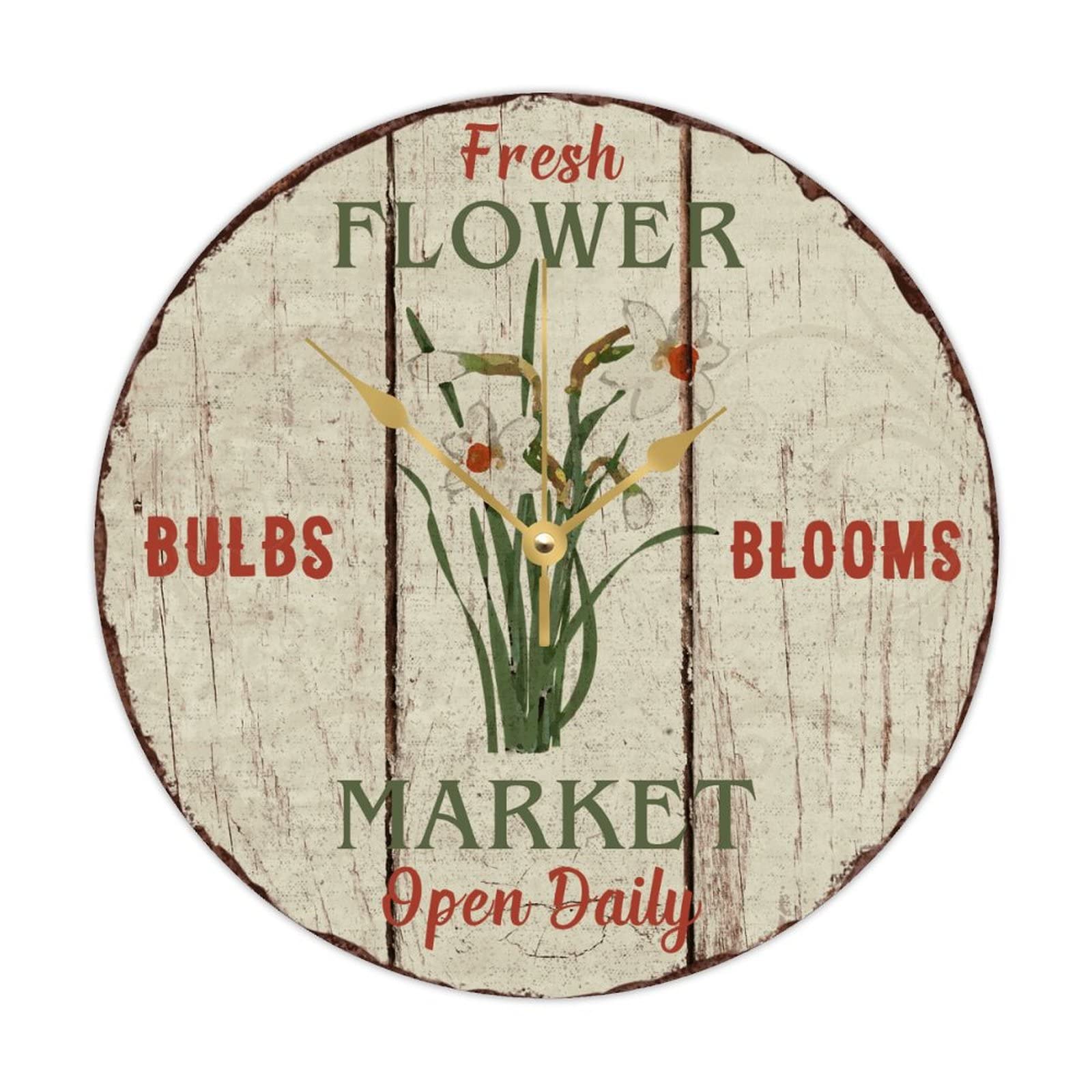 Horloge murale silencieuse en bois style vintage fleuri sans tic-tac