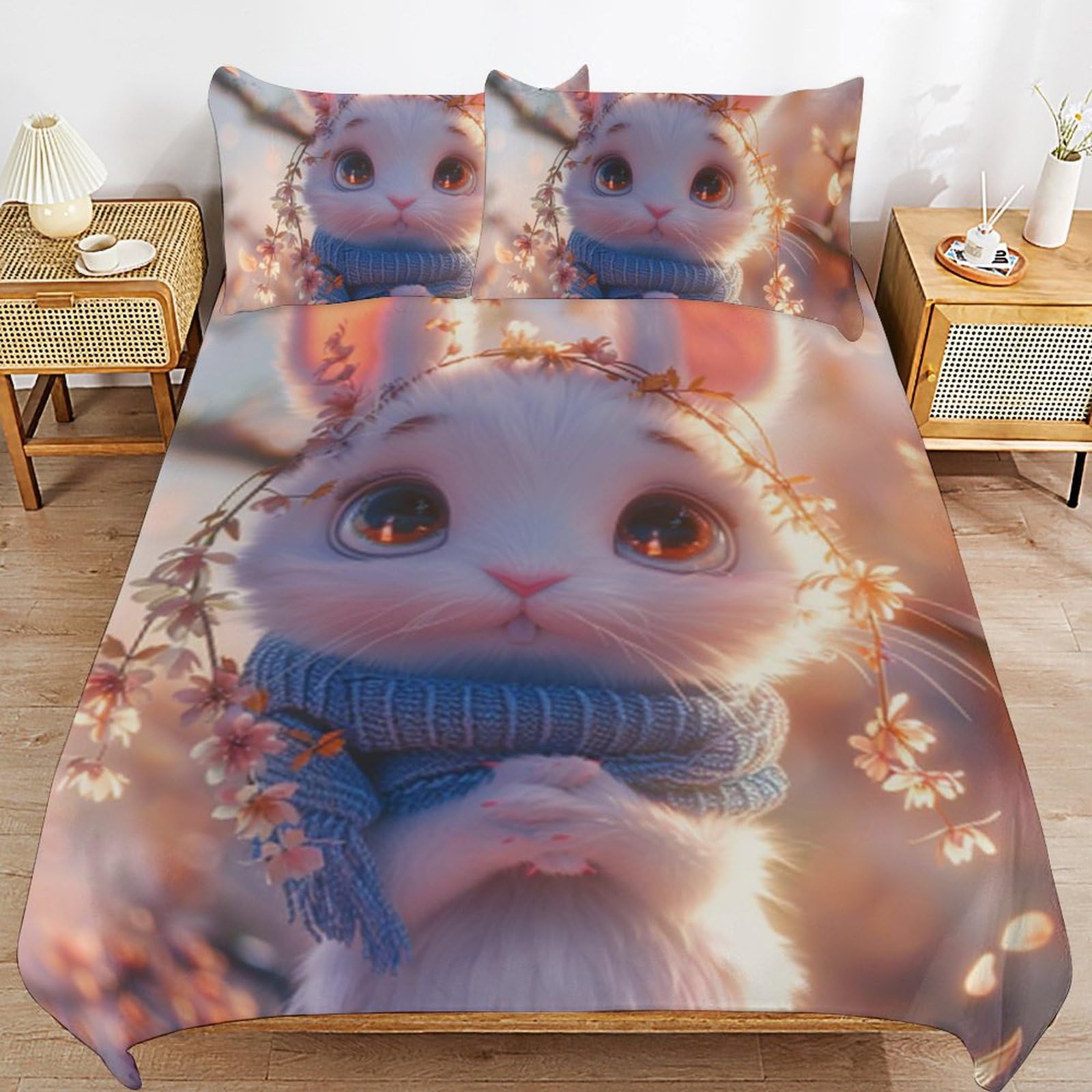 Housse de couette lapin 135x200 anti-plis en microfibre douce pour lit facile à faire