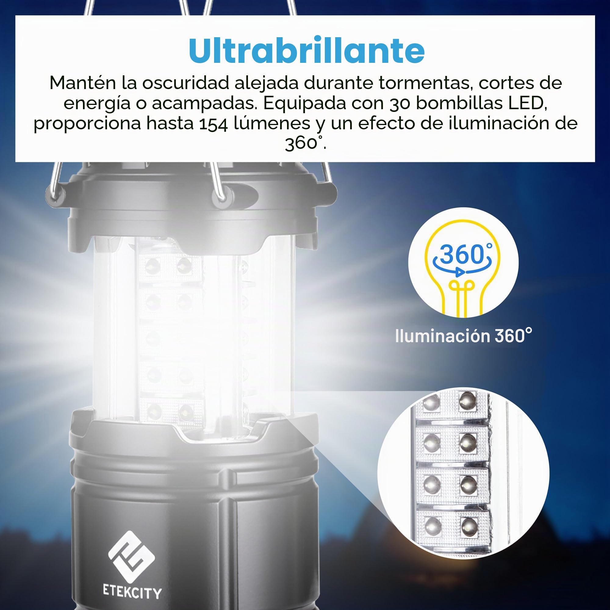 Etekcity Linterna de camping LED alimentada por pilas para cortes de energía, luz de emergencia para suministros de huracán, kits de supervivencia, lámpara operada, accesorios esenciales de equipo de