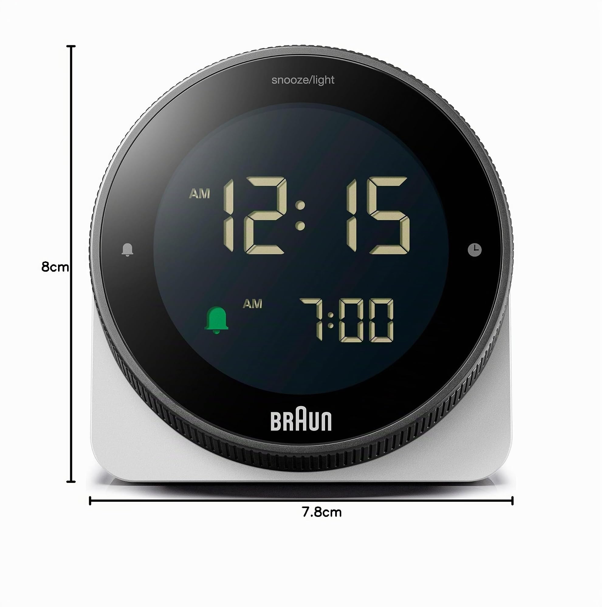 Braun Sveglia digitale funzione snooze, display LCD negativo, ghiera girevole per l'impostazione rapida dell'ora, sveglia sonora Crescendo in bianco, modello BC24W.