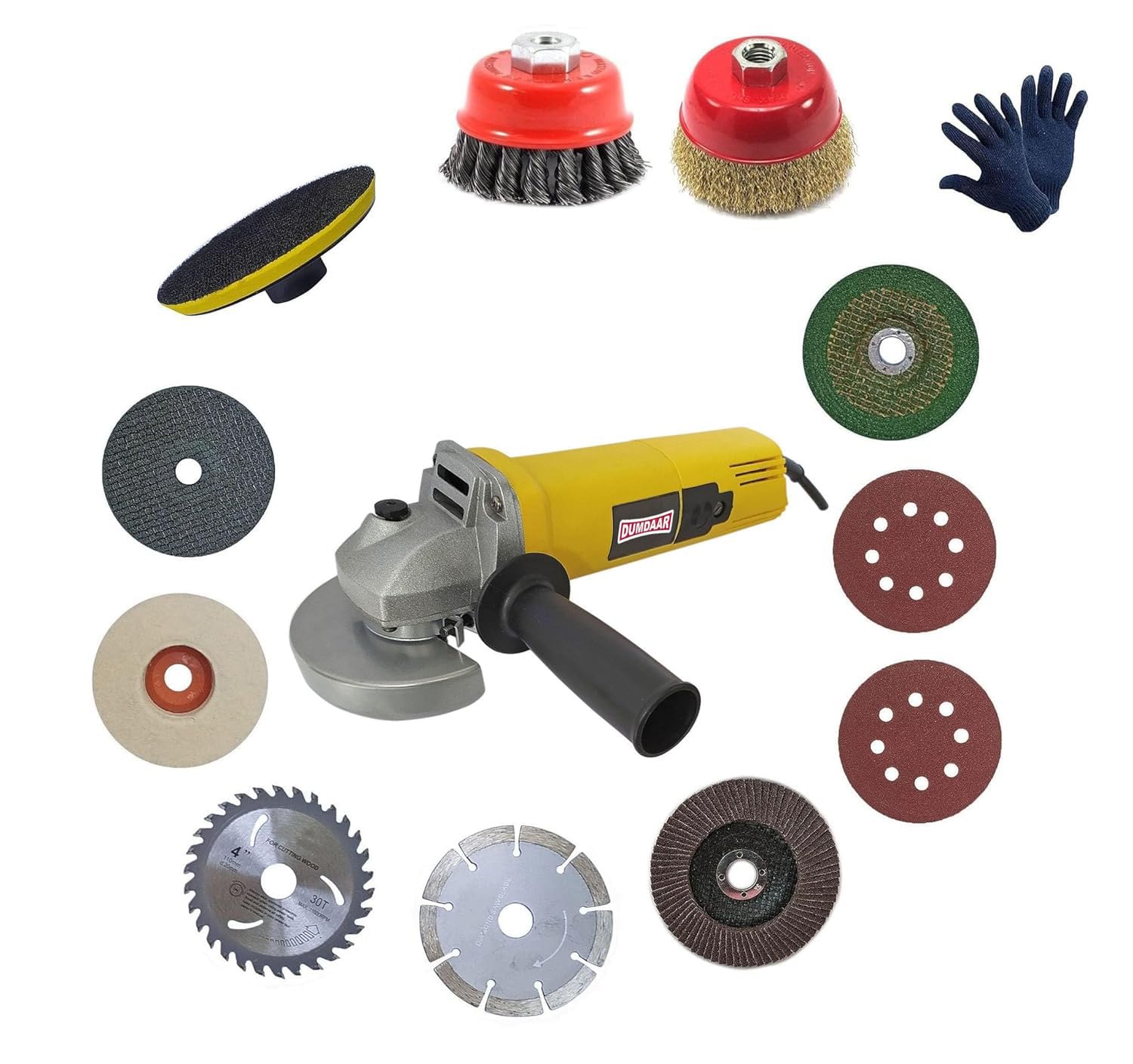 Inditrust Dumdaar Angle Grinder Set, 950w, 100mm Wheel Diameter, with 11 Cutting Wheels and Safety Gloves (Yellow)-image-44