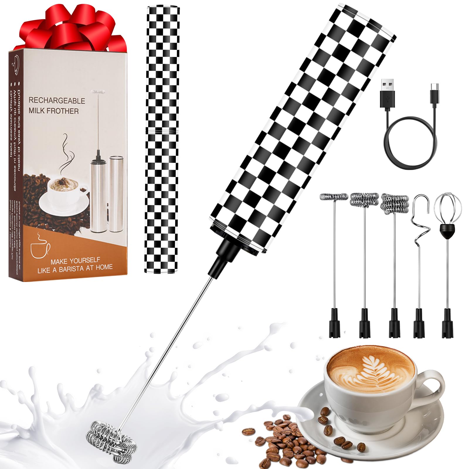 Milchschäumer Elektrisch USB-C mit 5 Wechselbaren Edelstahl-Schneebesen–2 Einstellbare Geschwindigkeiten (11.000/13.000 U/min), Wasserdichter Aufschäumer für Kaffee, Latte, Cappuccino, Matcha(Bunt 18)
