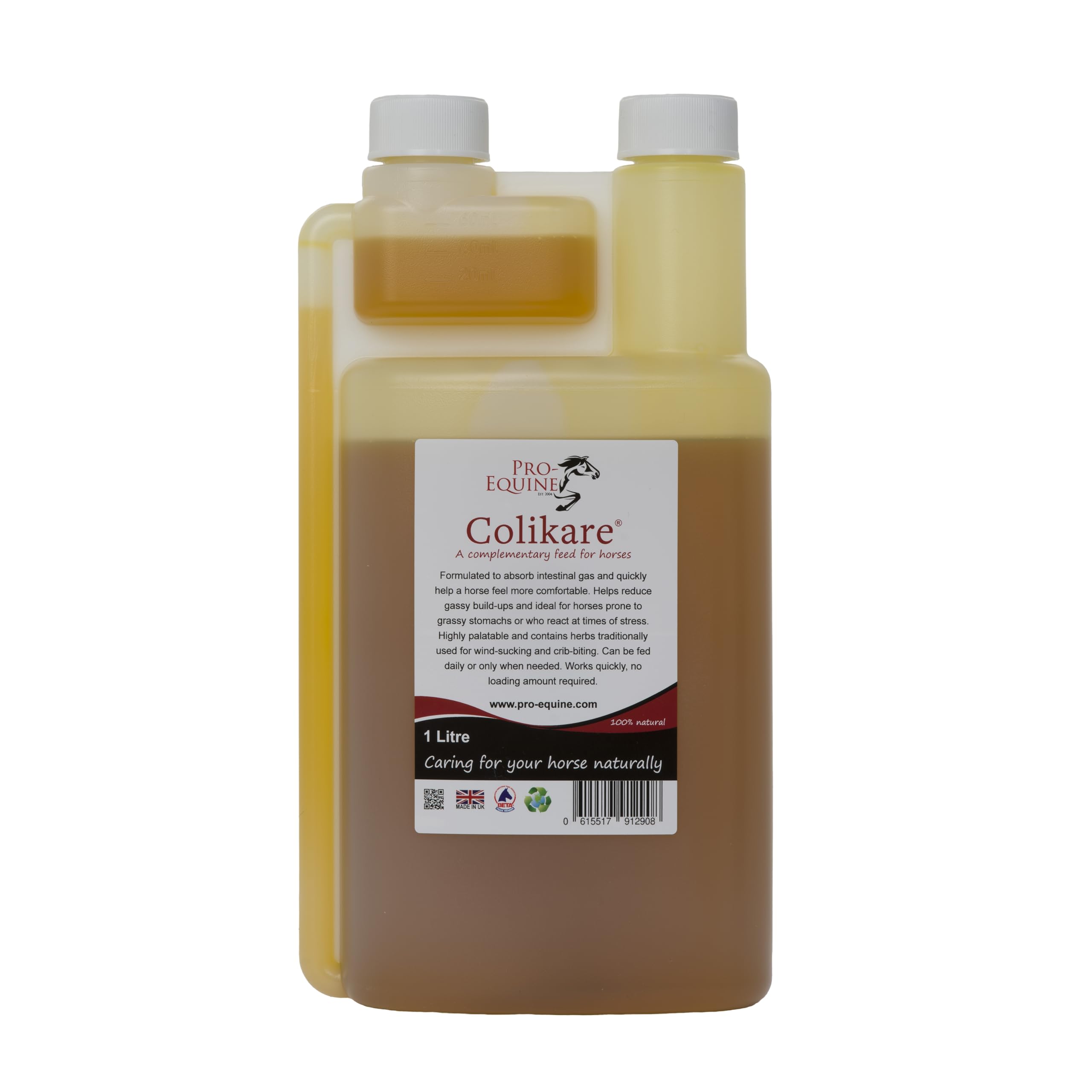 Colikare 1 Litre herbal horse supplement for fast relief from uncomfortable gassy symptoms.