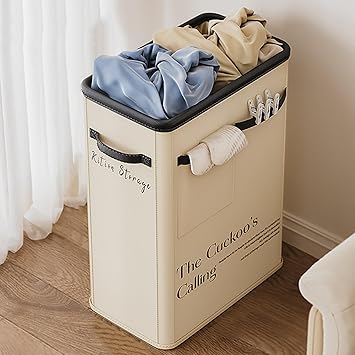 Laundry Basket with Handles, Freestanding Tall Laundry Hamper Waterproof, Collapsible Laundry Basket with Side Storage Pockets, Clothes Hamper for Bedroom, Bathroom, Dorm, Toys StorageBeige