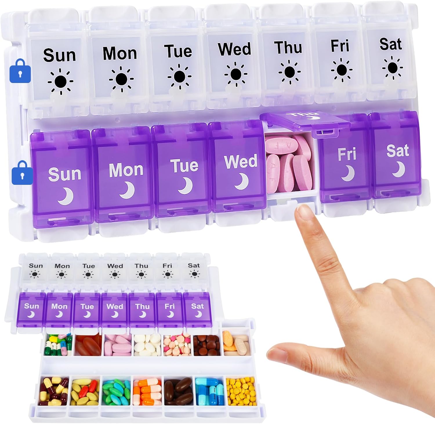 Shintop Am Pm Pill Organizer 7 Day, Push Button Weekly Pill Box 2 Times Removable Lid Medication Case Easy Fill Day Night Vitamin Container for Fish Oil Supplements (Purple & White) Shintop Am Pm Pill Organizer 7 Day, Push Button Weekly Pill Box 2 Times Removable Lid Medication Case Easy Fill Day Night Vitamin Container for Fish Oil Supplements (Purple & White)