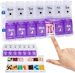 Shintop Weekly Pill Organizer 2 Times a Day, Easy Fill AM PM Pill Box 7 Day Push Button Medicine Organizer for Vitamins & Supplements (Blue & White)