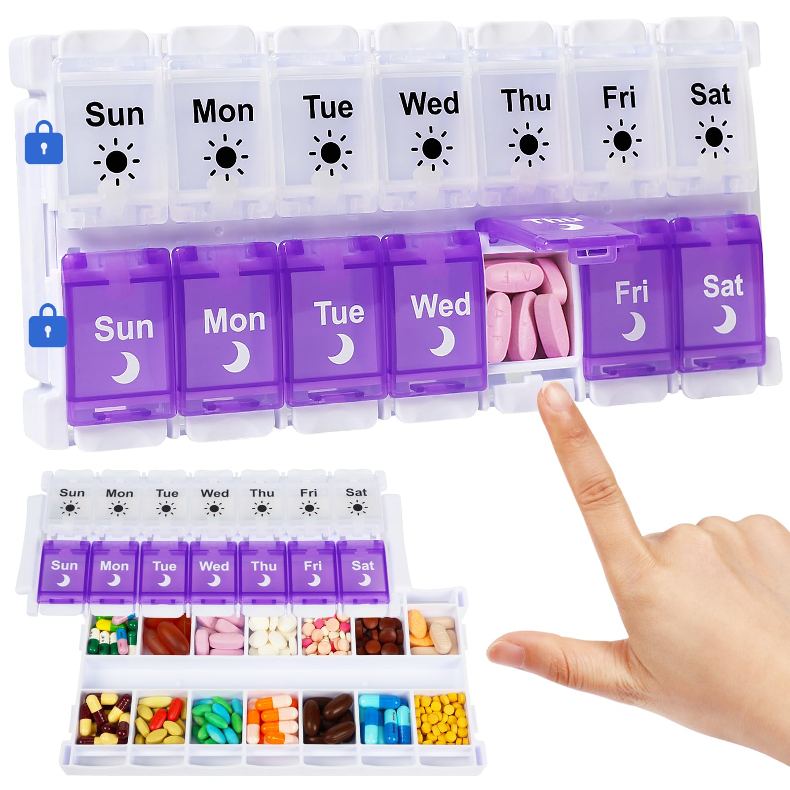 Shintop AM PM Pill Organizer 7 Day, Removable Lid Weekly Pill Box 2 Times Push Button Vitamin Case Medication Organizer for Supplements and Fish Oil (Purple & White)