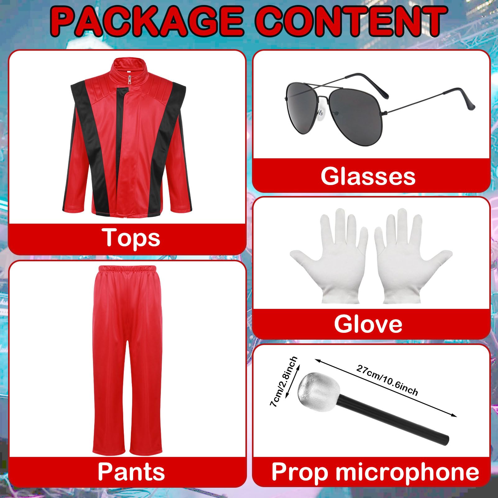 Meriviva King of Pop Costume Set including Red Jacket Bodysuit Glasses Gloves Microphone, Halloween Fancy Dress Costume for Adults (XL) - Image 3