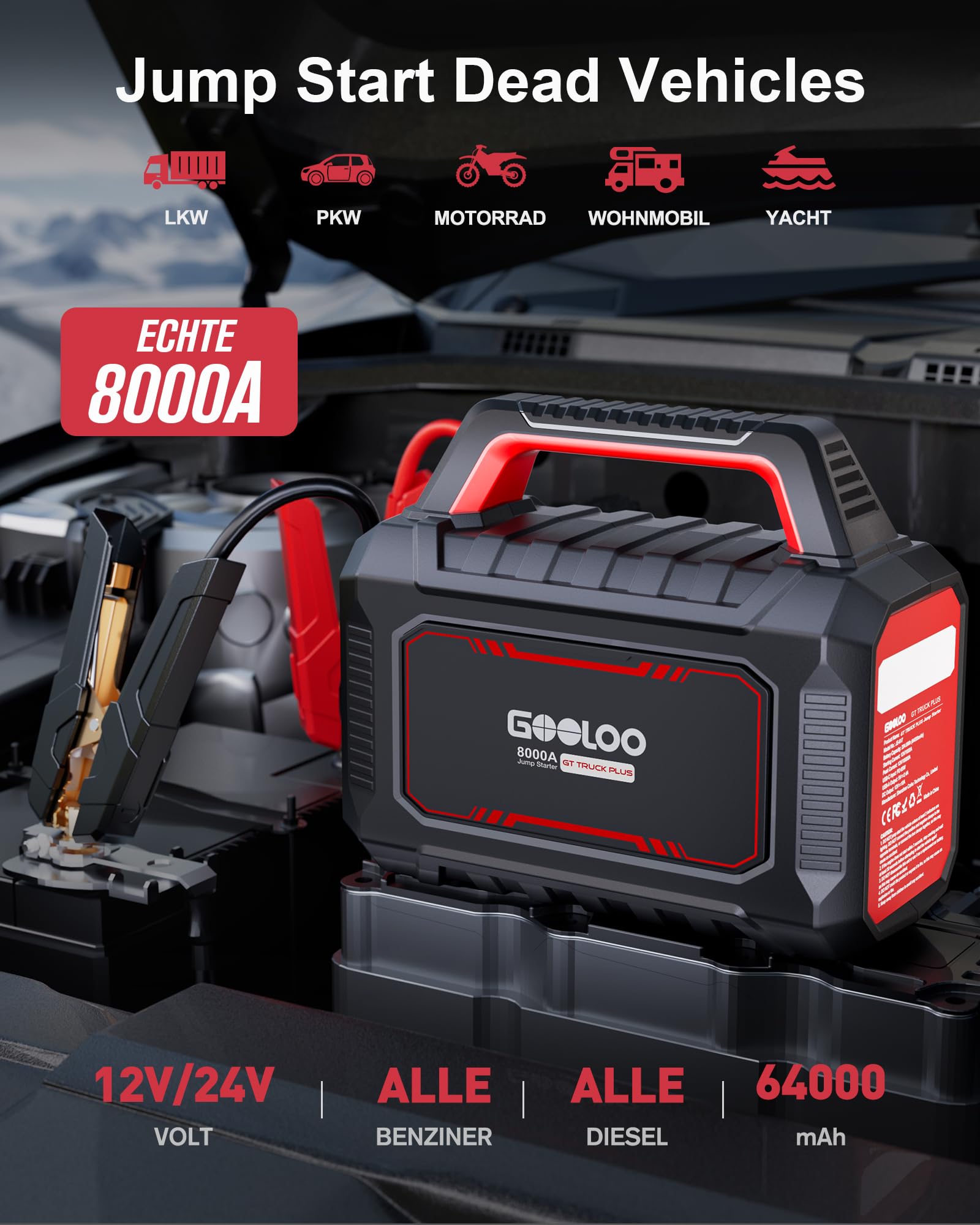 GOOLOO GT Truck Plus Starthilfe Powerbank – 8000A 12V/24V Tragbare Starter Powerbank mit PD65W Schnellladung, Booster Auto Starthilfe für PKW, LKW, Wohnmobile, Yachten (Alle Benzin und Diesel)