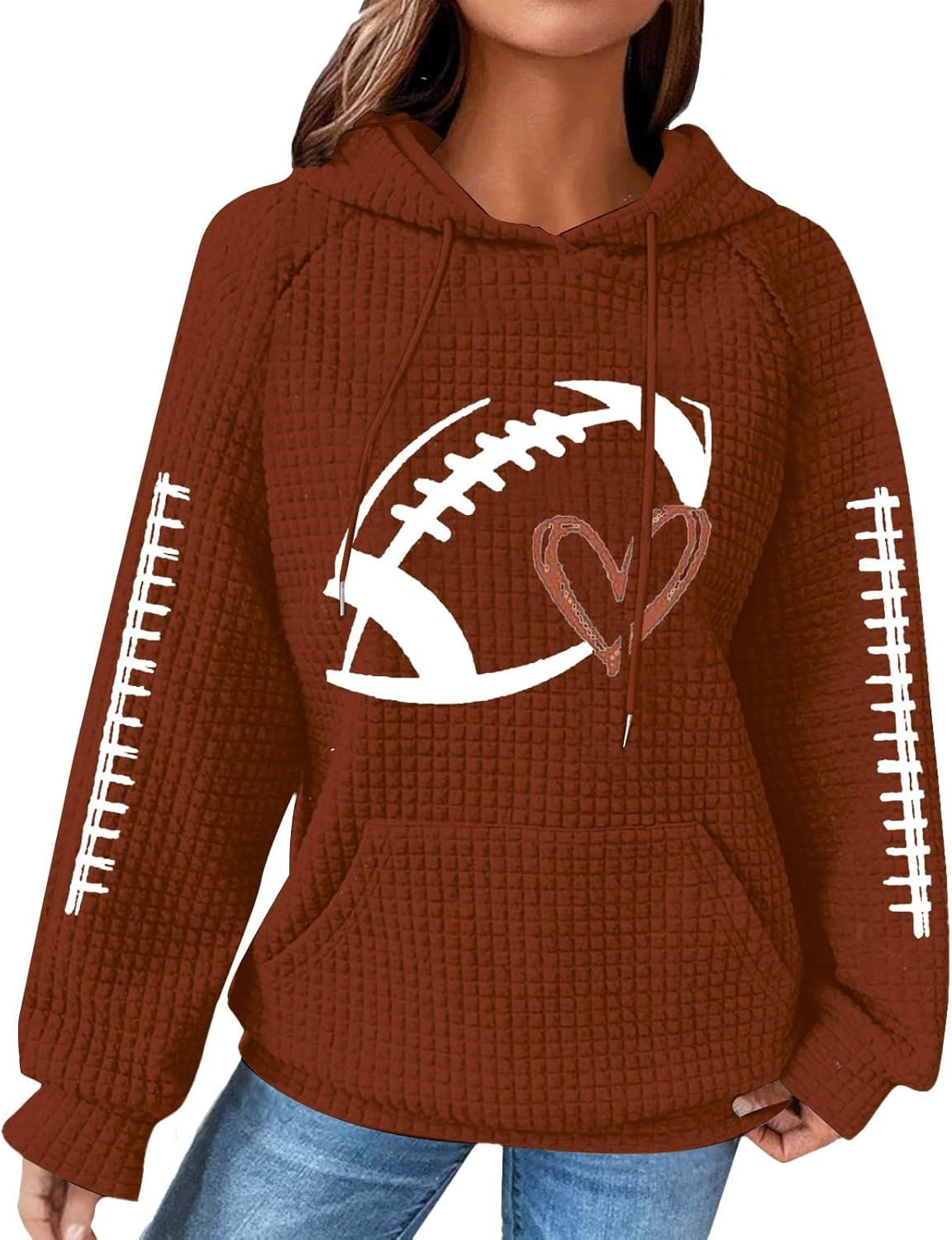 Game Day Hooded Sweatshirts for Women Funny Football Graphic Waffle Knit Game Day Pullover Hoodies Long Sleeve Tops