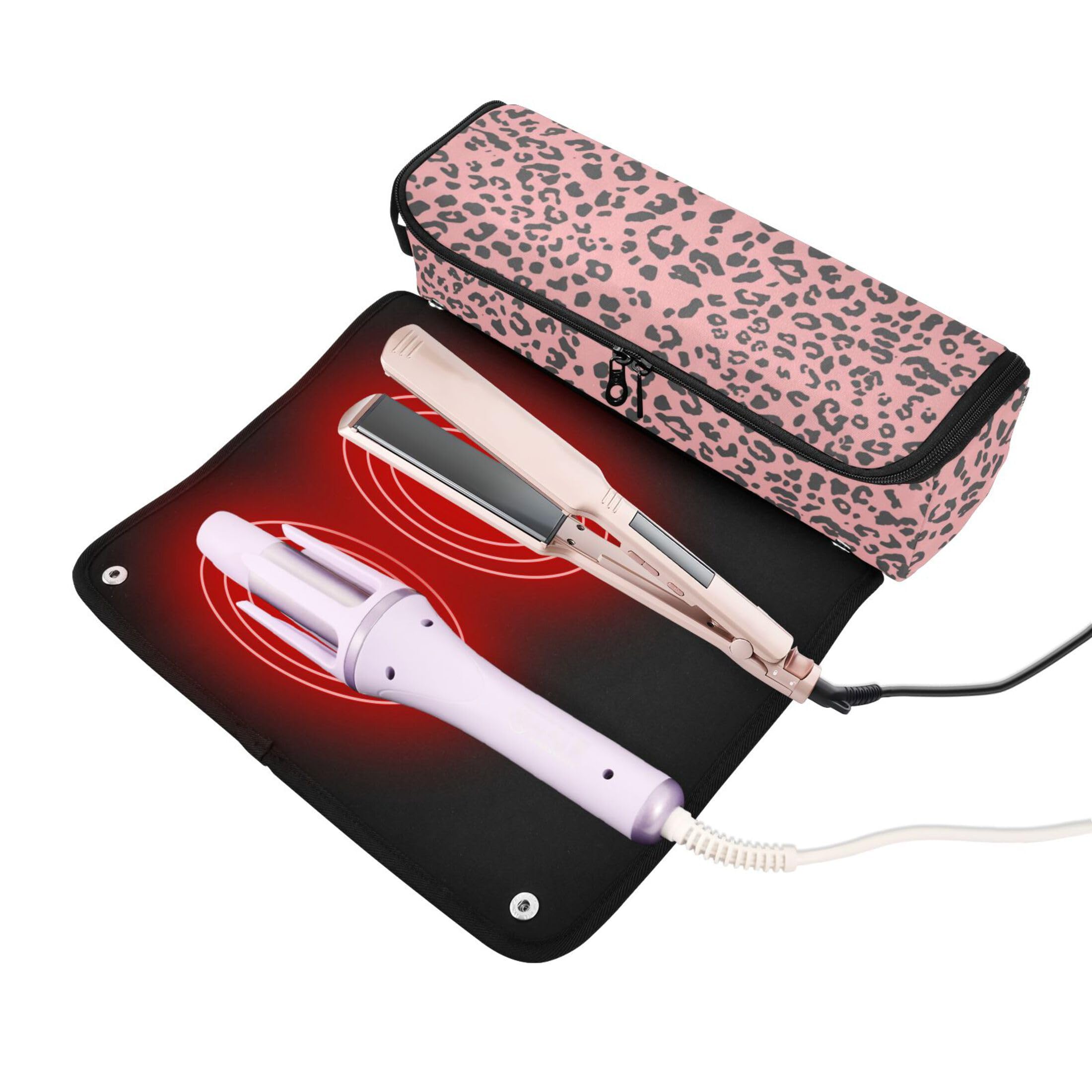 Hot Hair Tools Travel Bag with Removable Heat Resistant Mat Double-Layer Travel Carrying Case for Flat Irons, Straighteners, Curling Irons, Animal Skin Print Style
