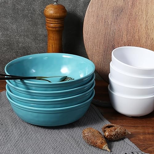 Miniatura 6 de TP Juego de 4 cuencos de comida de 7 pulgadas, servicio para 4, cuencos grandes de melamina de 28 onzas para pasta, cuencos de servir duraderos,