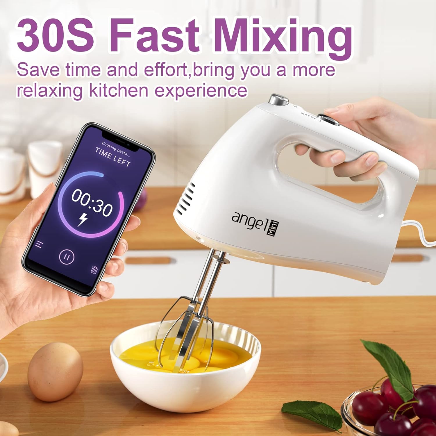 Mini Angel Hand Mixer, 400W Portable Kitchen Handheld Mixer with Eject Button, 5 Speed & 5 Stainless Steel Accessories, Egg Beaters and Whisk for Easy Whipping Cake, Cream, Batters, Cookies