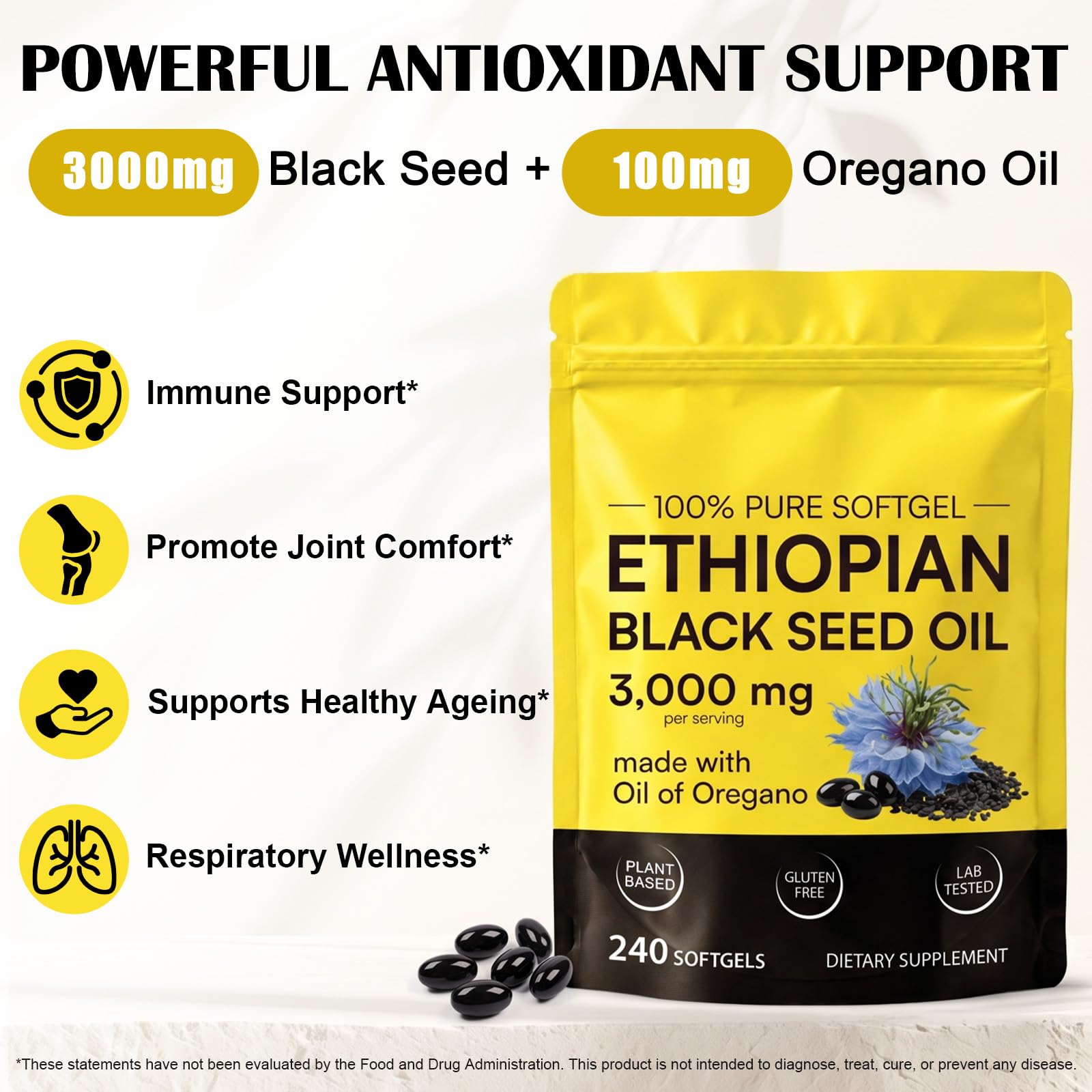 HUYEHF Black Seed Oil Capsules 3000mg, 240 Count High Strength Cold-Pressed Nigella Sativa Seed Oil 2-in-1 Blend with Oregano Oil Extract, Support Natural Antioxidants & Immune Function — Amazon image 5